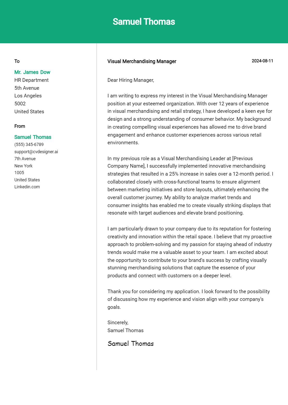 Visual Merchandising Manager Cover Letter Example for 2026 (Writing Guide) Preview