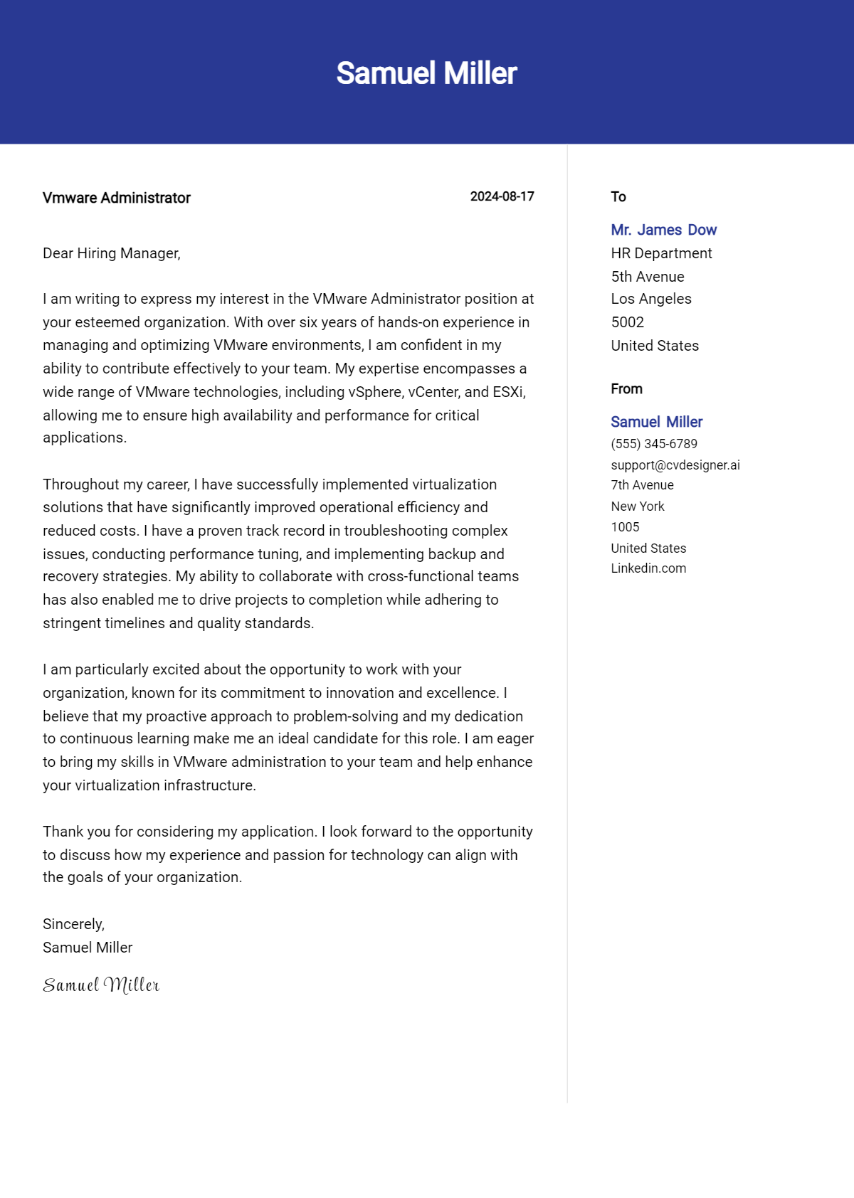 Vmware Administrator Cover Letter Example for 2026: Free Templates Preview