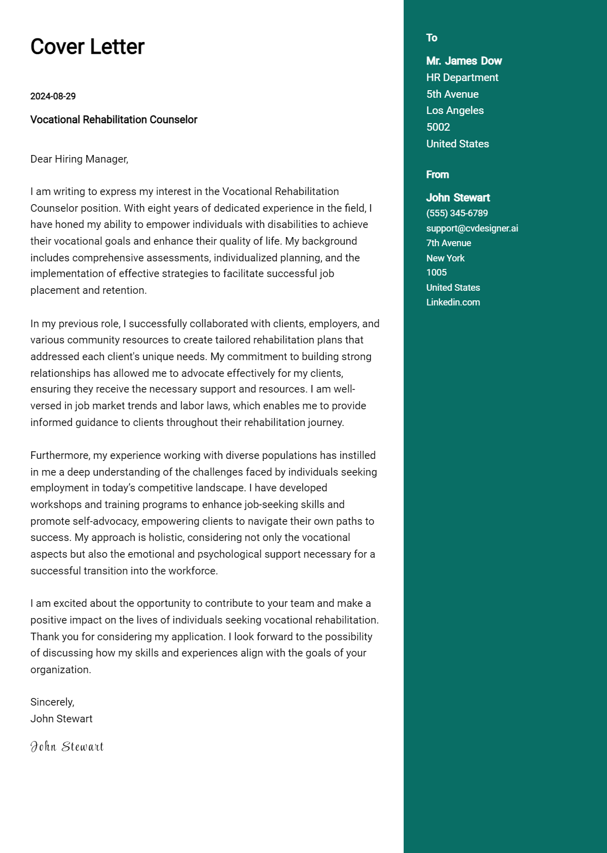 Vocational Rehabilitation Counselor Cover Letter Example for 2026 (Writing Guide) Preview