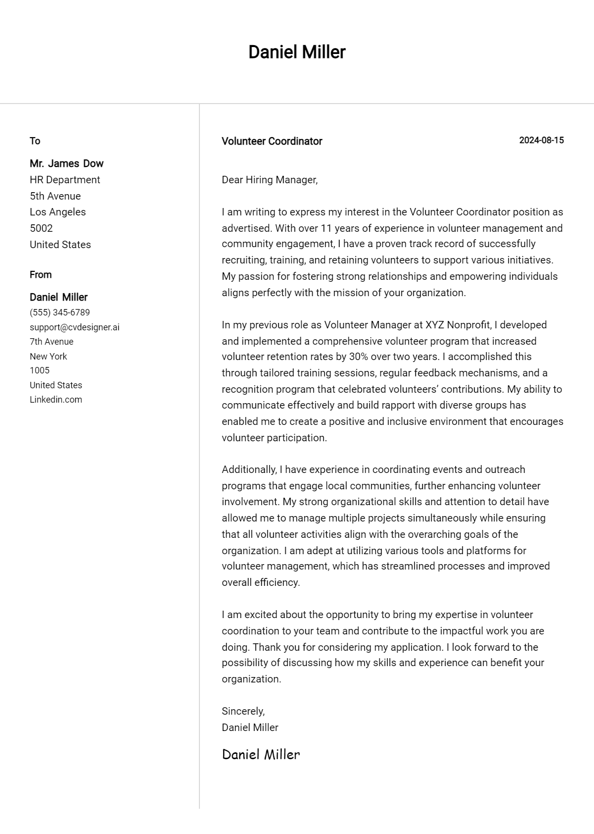 Volunteer Coordinator Cover Letter Example for 2026: Free Templates Preview