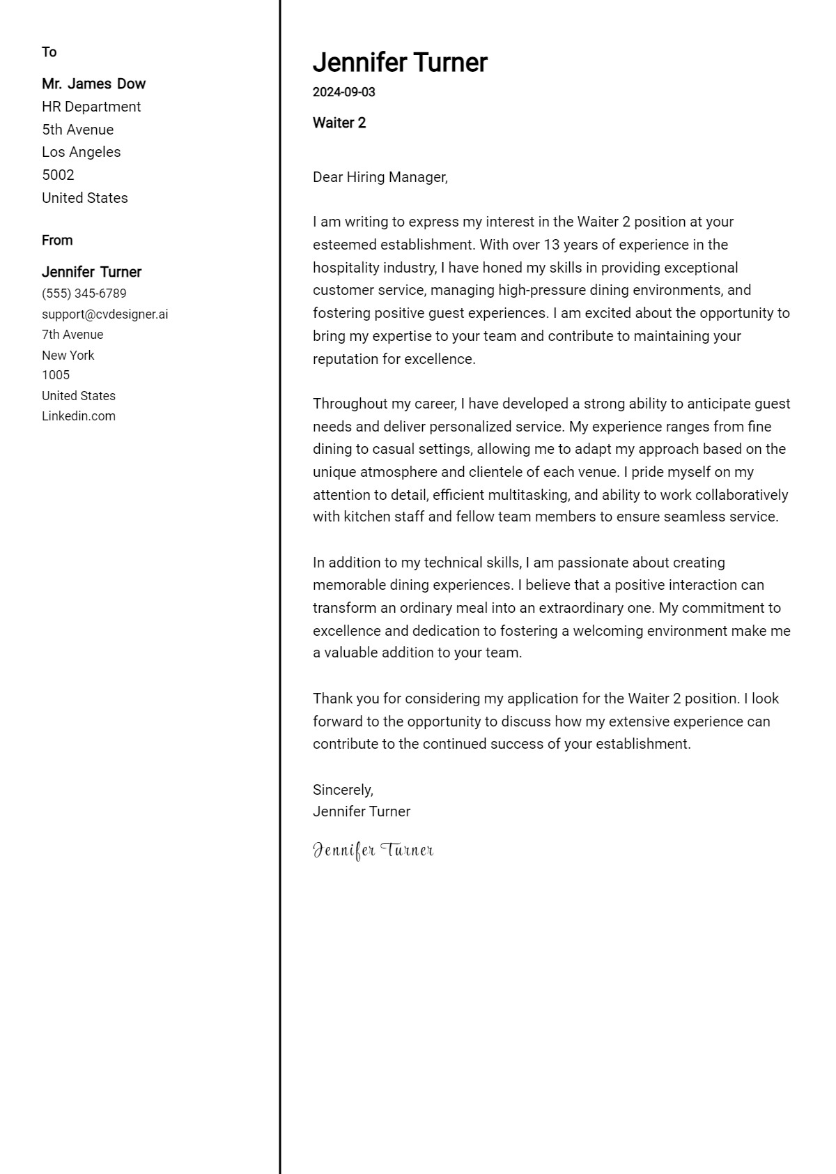 Waiter Cover Letter Example for 2026 (Complete Writing Guide) Preview