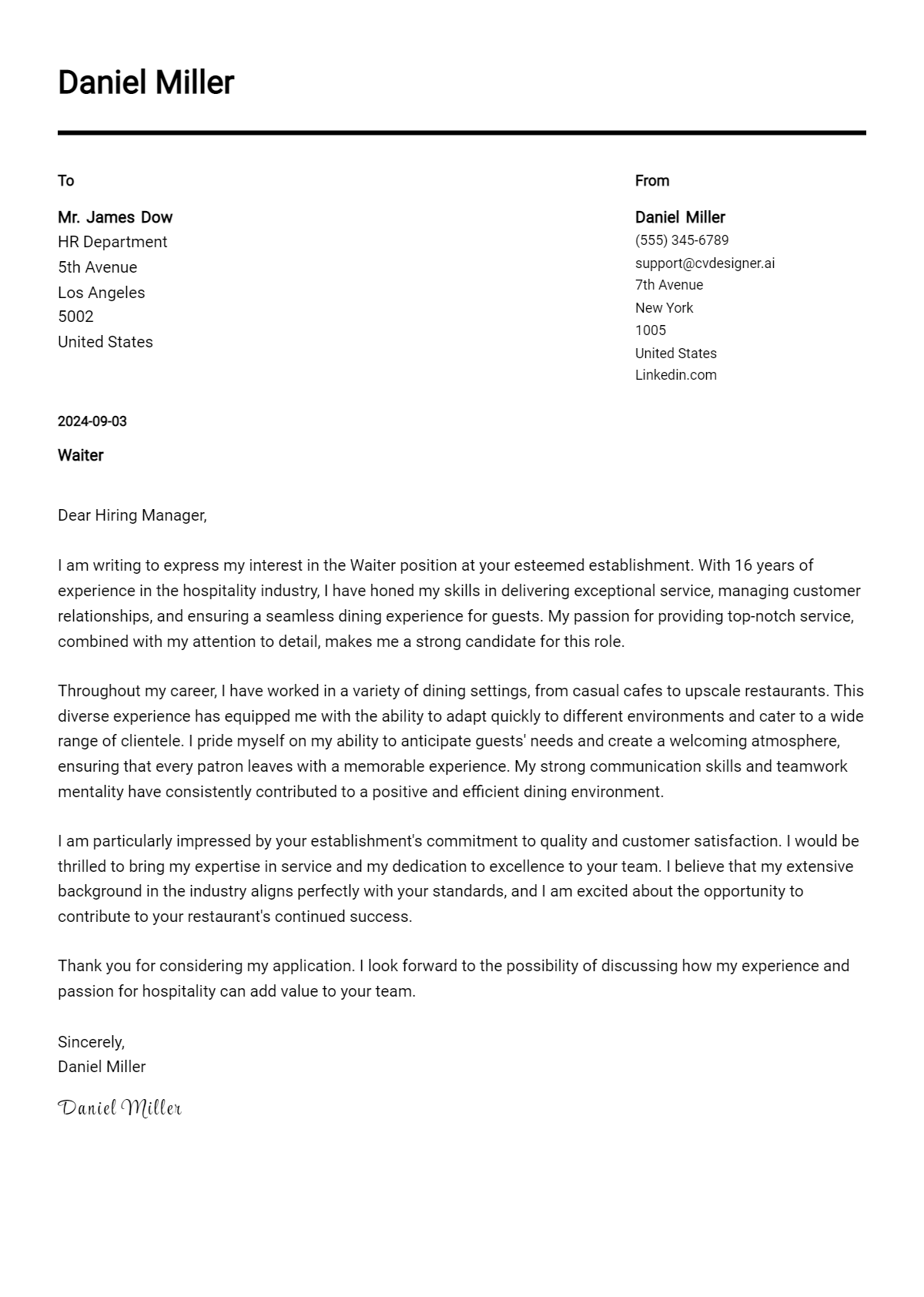 18 Waiter Cover Letter Examples for 2026: Free Templates Preview