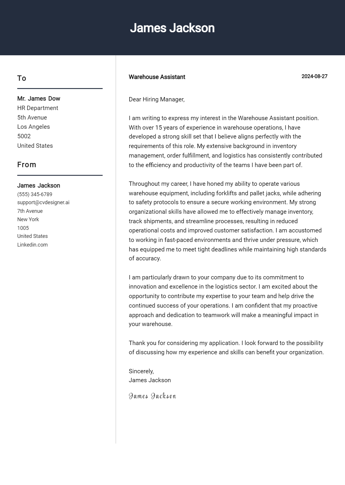 Warehouse Assistant Cover Letter Example for 2026: Free Templates Preview