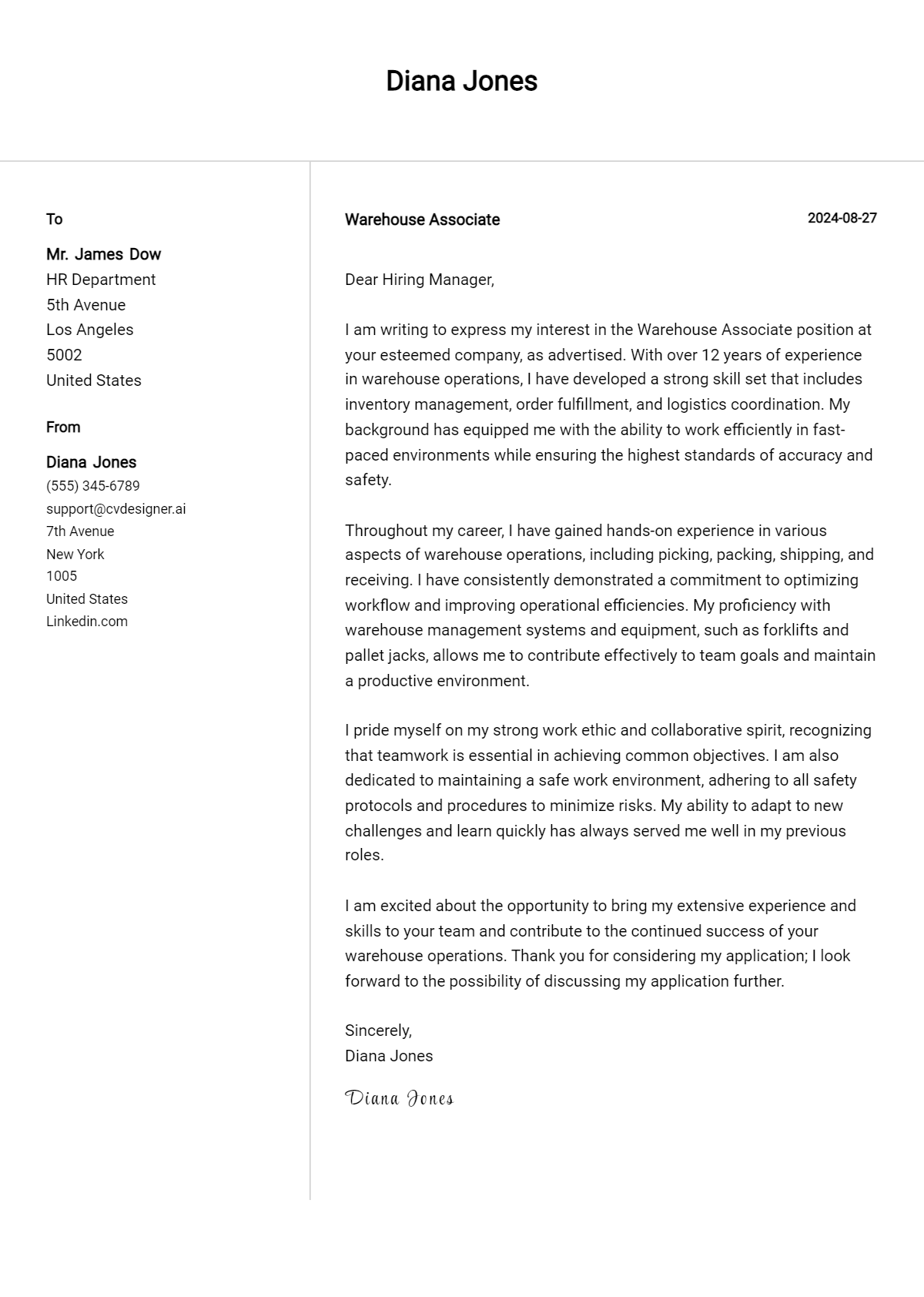 Warehouse Associate Cover Letter Samples & Examples 2026 Preview