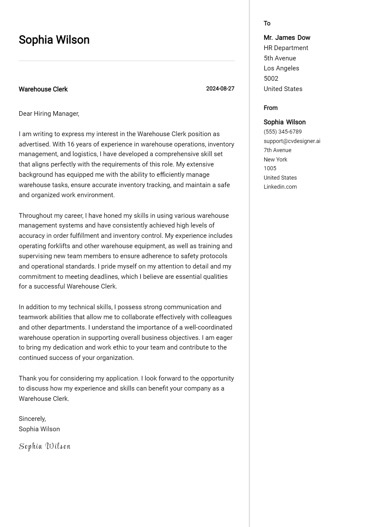 Warehouse Clerk Cover Letter Examples for 2026 (Downloadable) Preview