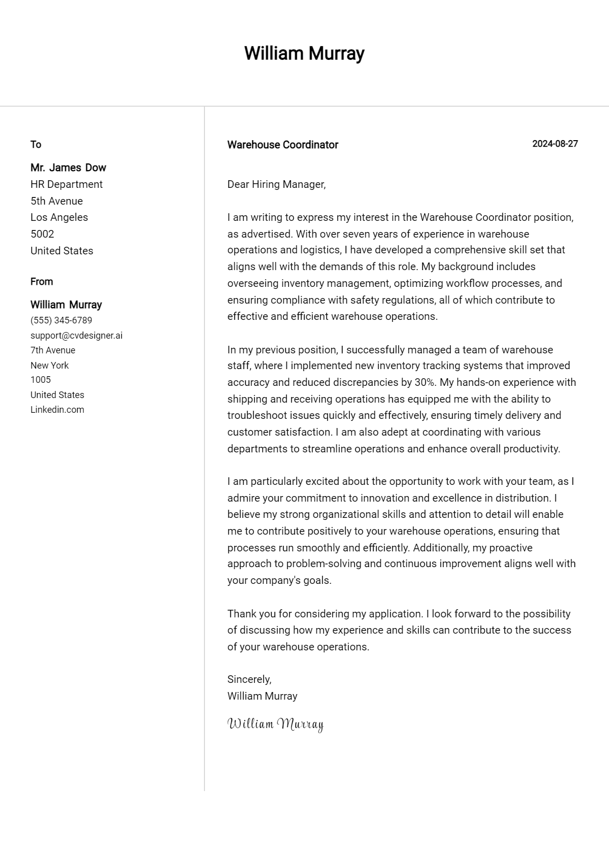 Warehouse Coordinator Cover Letter Example for 2026: Expert Tips & Templates Preview