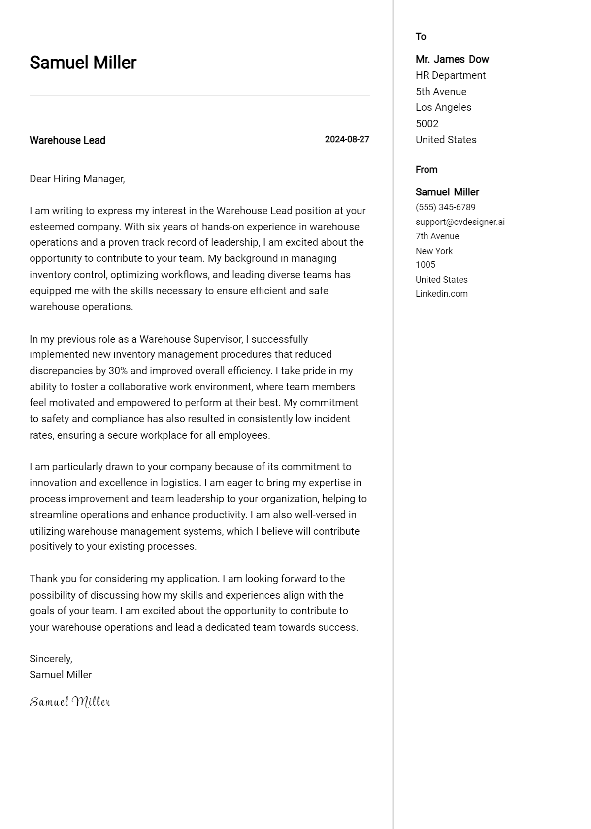 Warehouse Lead Cover Letter Example for 2026 (Writing Guide) Preview