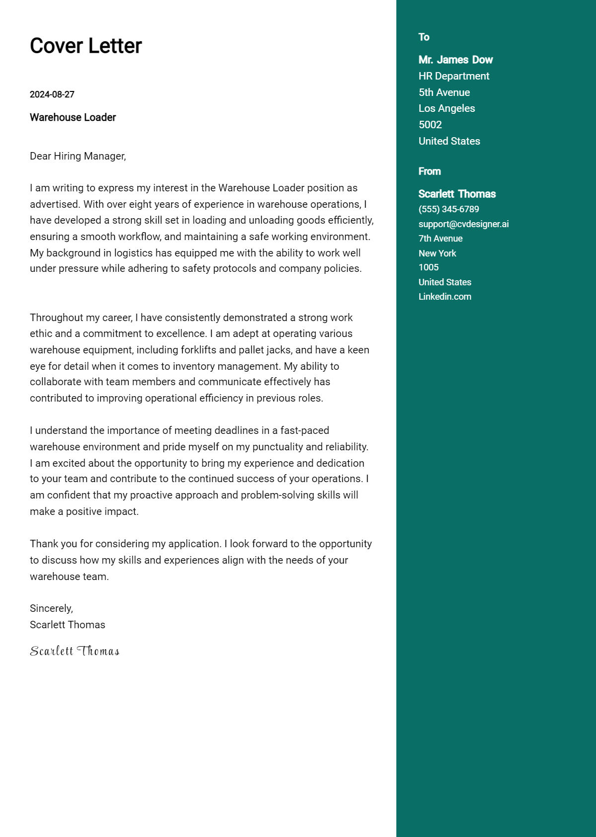 Warehouse Loader Cover Letter Example for 2026 (Download Templates) Preview