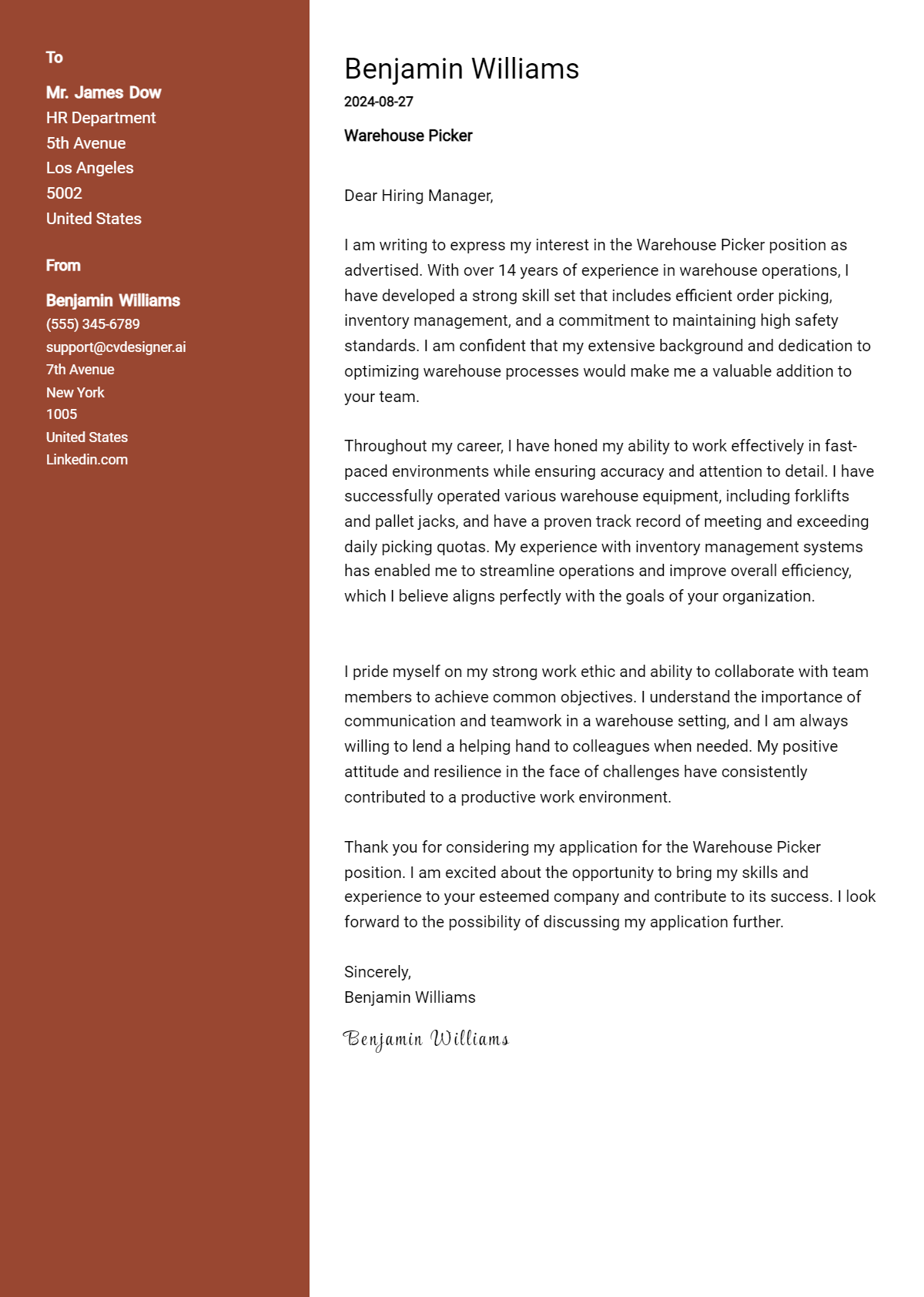 Warehouse Picker Cover Letter Example for 2026: Top CV Skills Preview
