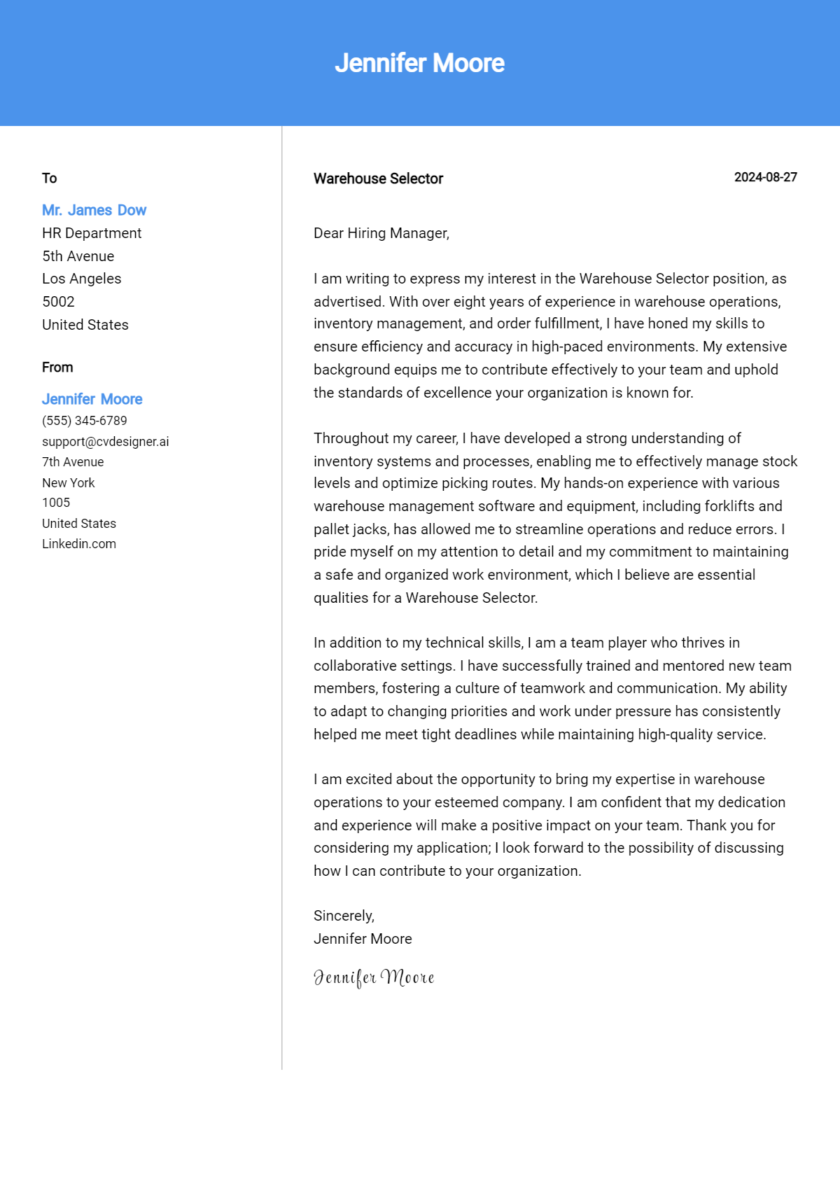 Warehouse Selector Cover Letter Example for 2026: Ultimate Guide Preview