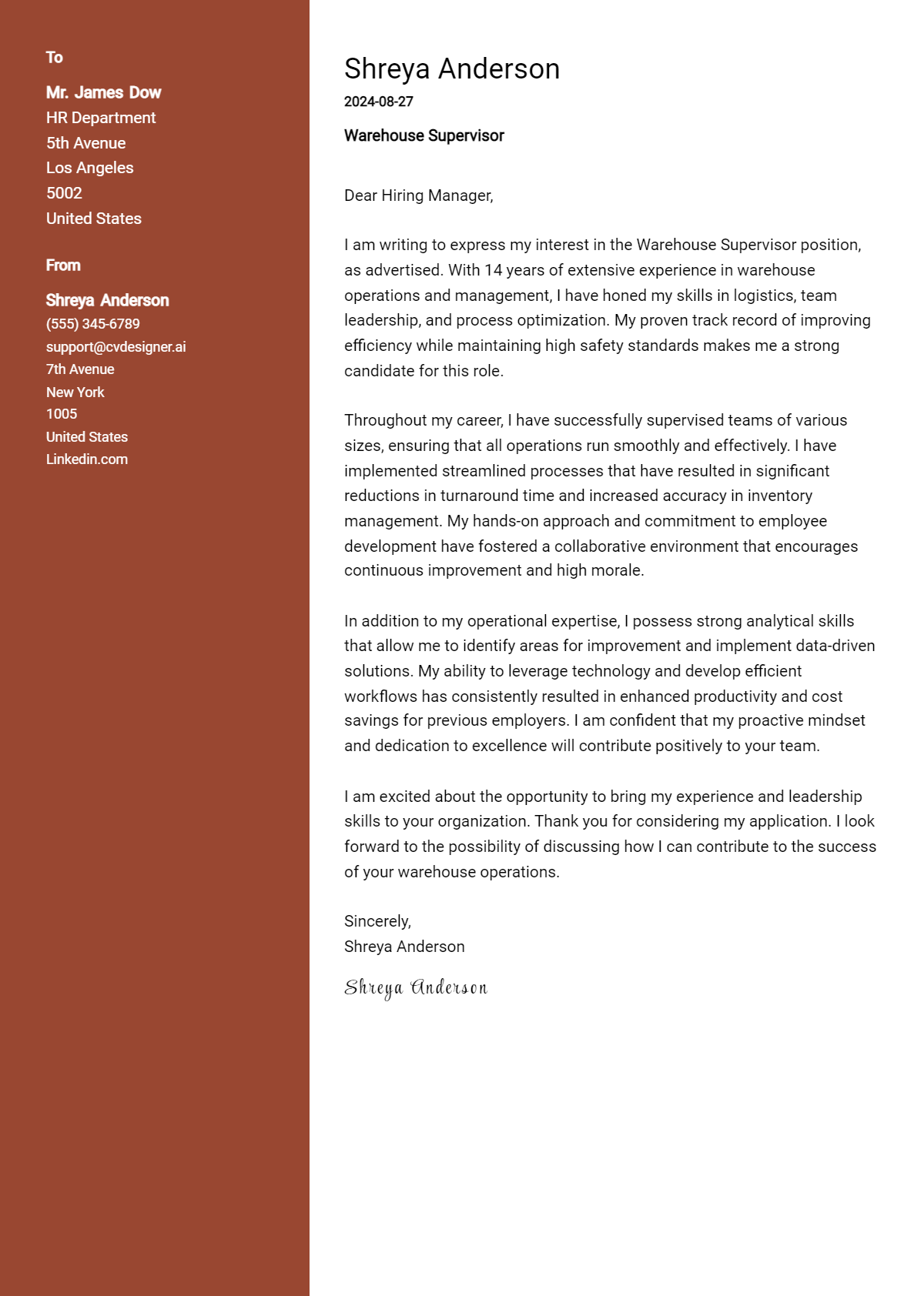 Warehouse Supervisor Cover Letter Samples & Examples 2026 Preview