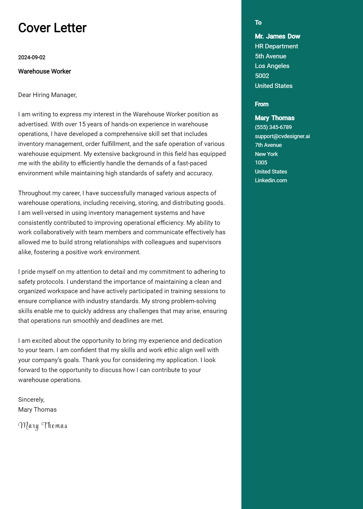 Warehouse Worker Cover Letter Examples for 2026 (Downloadable) Preview