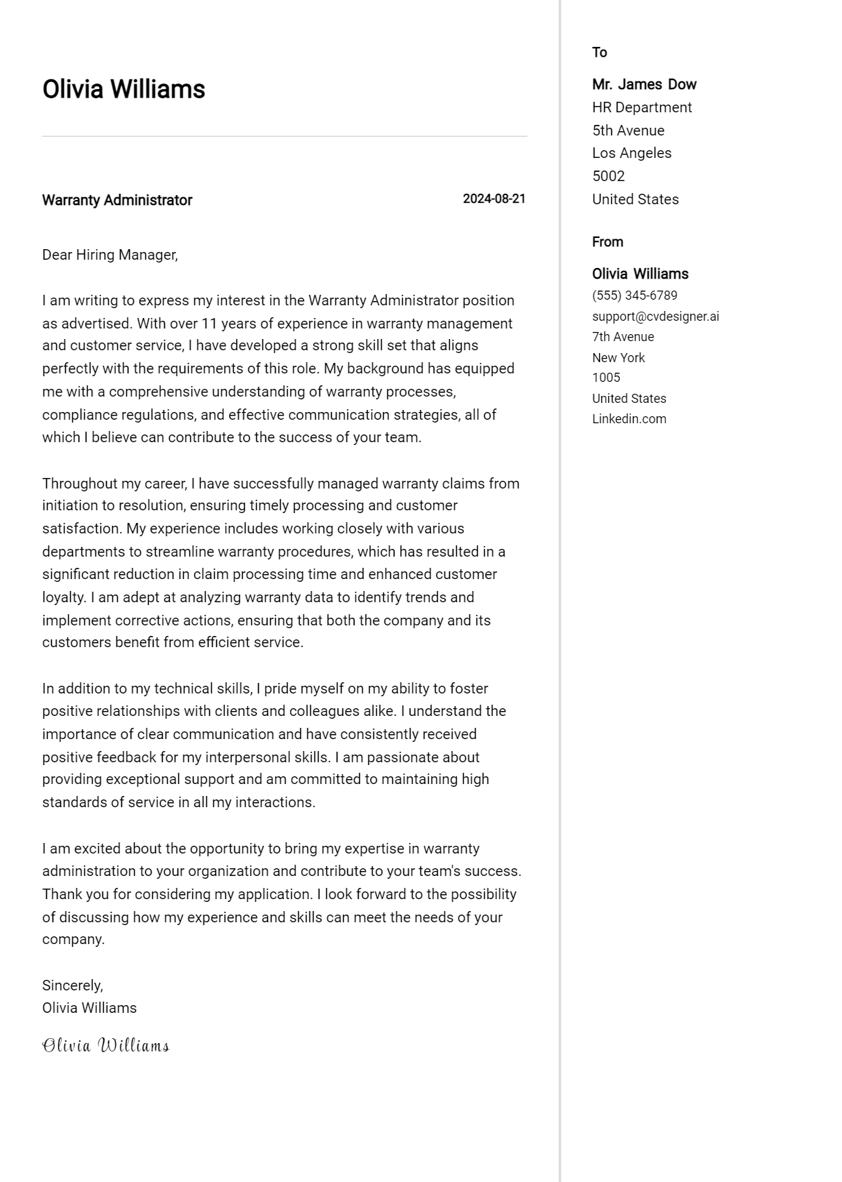 Warranty Administrator Cover Letter Example for 2026 (Download Templates) Preview