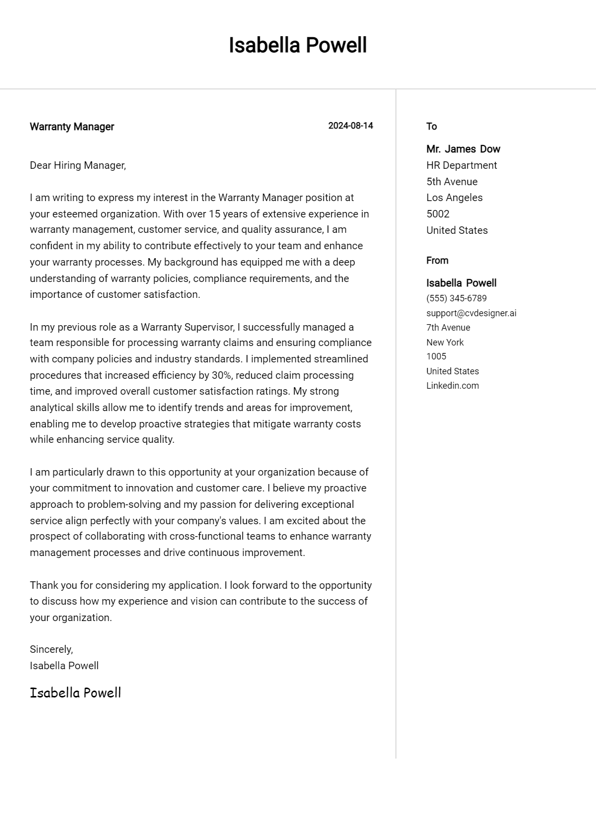 Warranty Manager Cover Letter Example for 2026: Expert Tips & Templates Preview