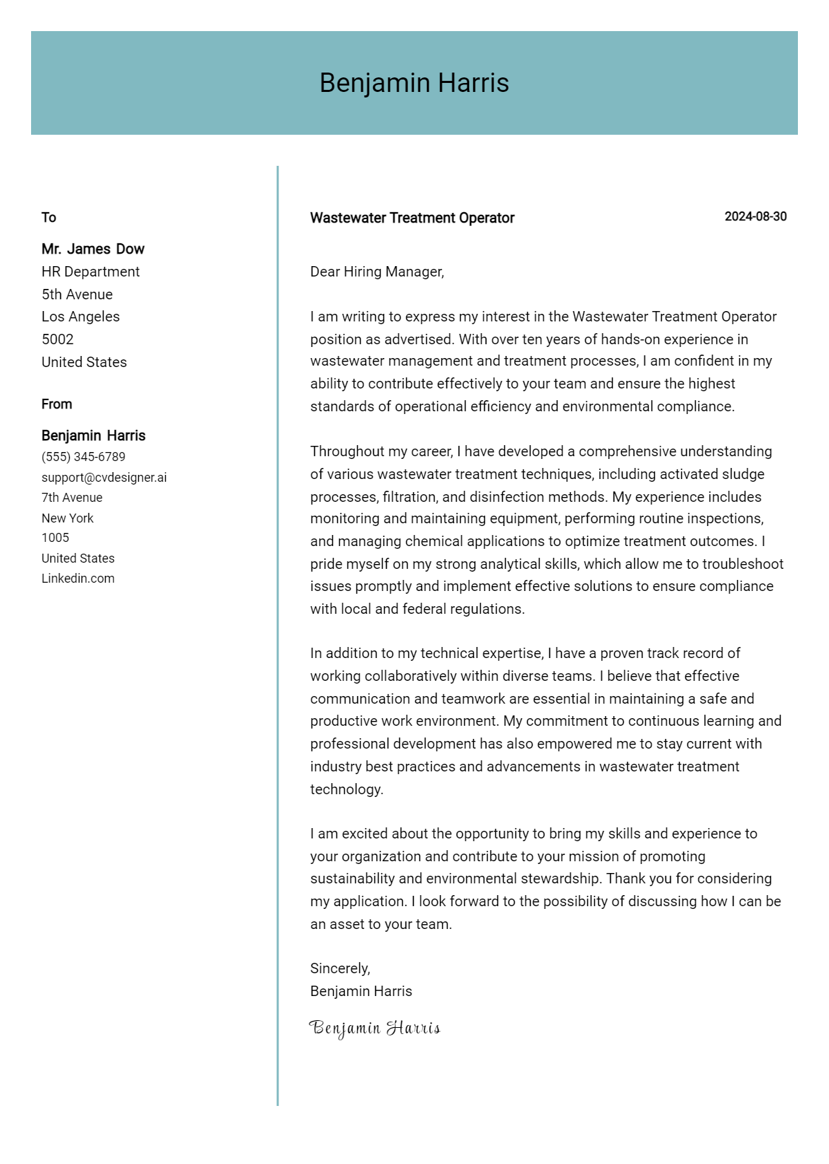 Wastewater Treatment Operator Cover Letter Example for 2026: Expert Tips & Templates Preview
