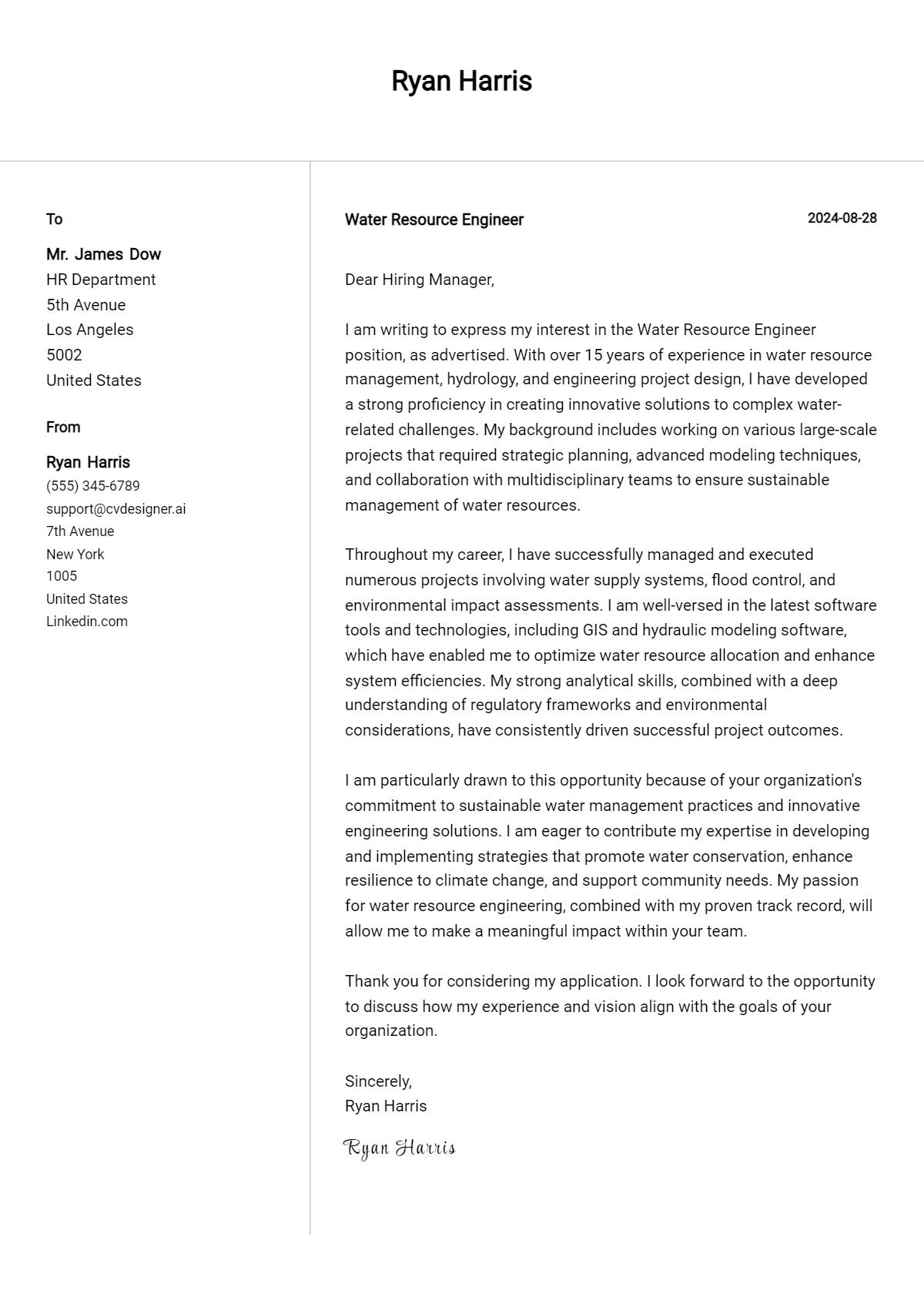 Water Resource Engineer Cover Letter Examples for 2026 (Downloadable) Preview