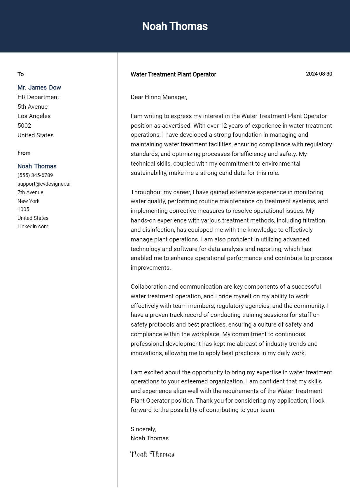 Water Treatment Plant Operator Cover Letter Example for 2026 (Free Templates) Preview