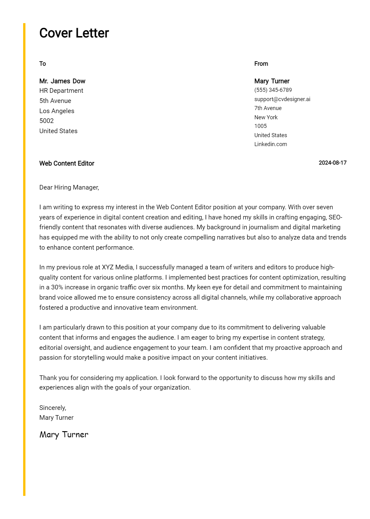 Web Content Editor Cover Letter Example for 2026 (Free Templates) Preview