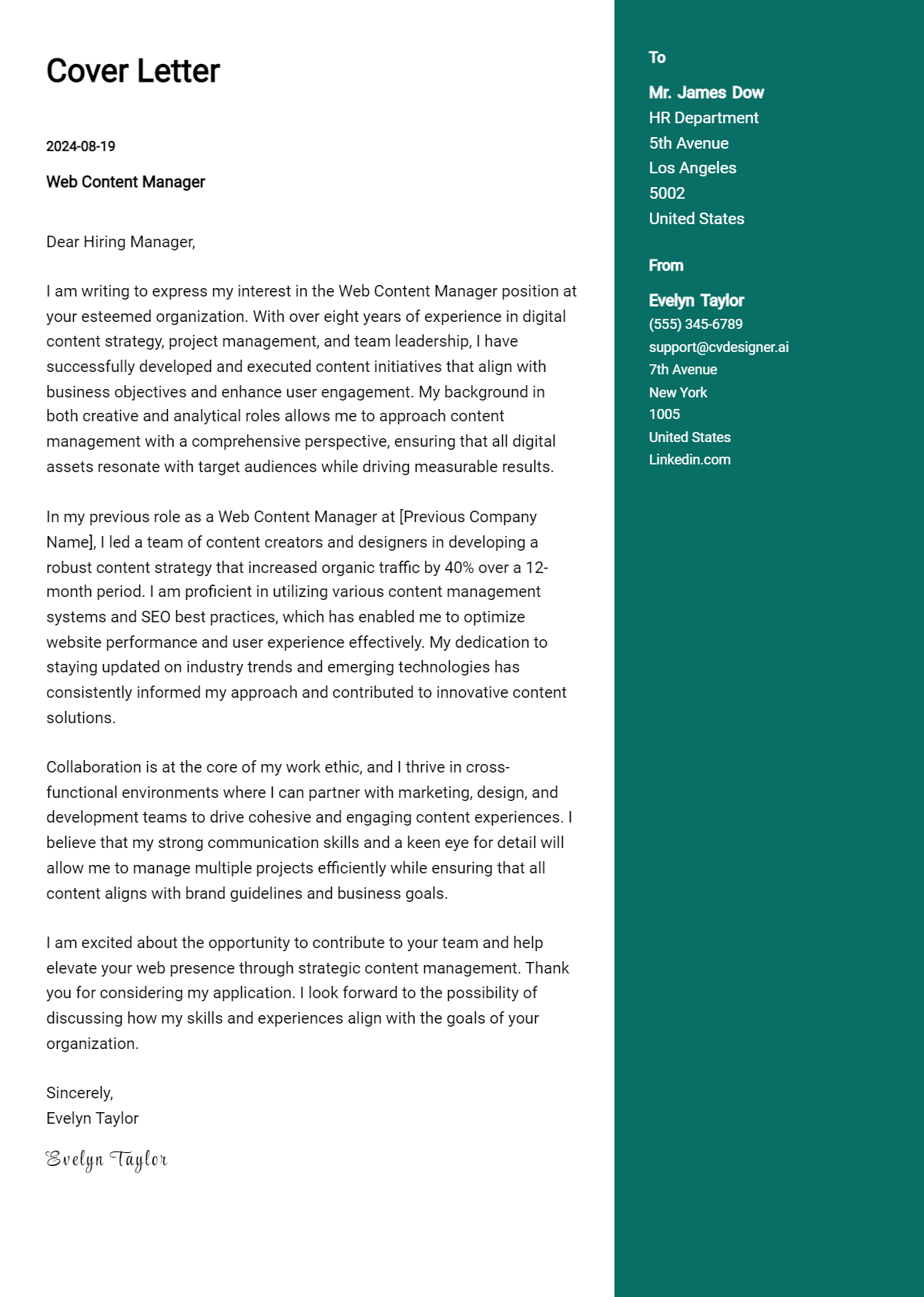 Web Content Manager Cover Letter Example for 2026 (Writing Guide) Preview