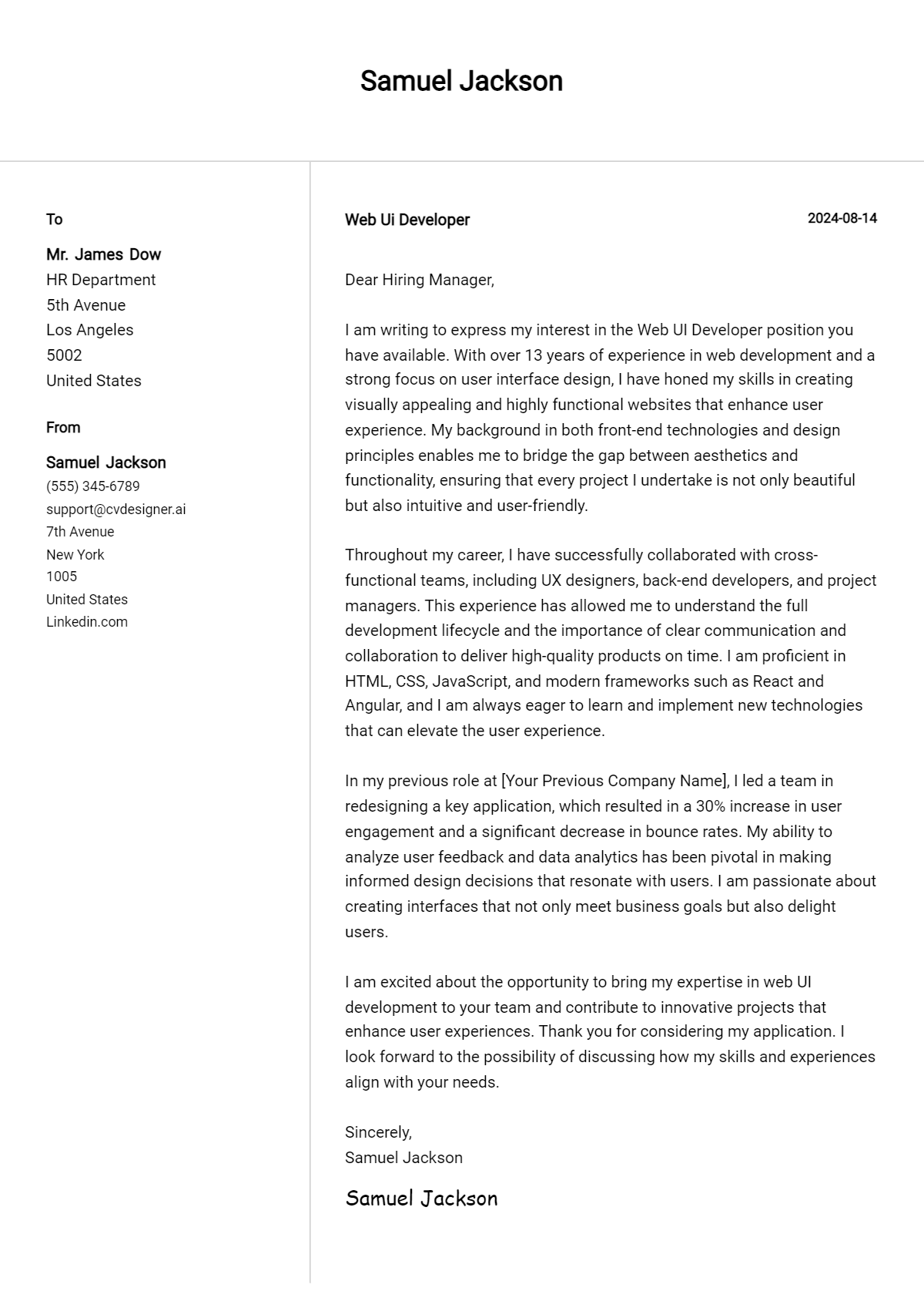 Web Ui Developer Cover Letter Example for 2026: Free Templates Preview