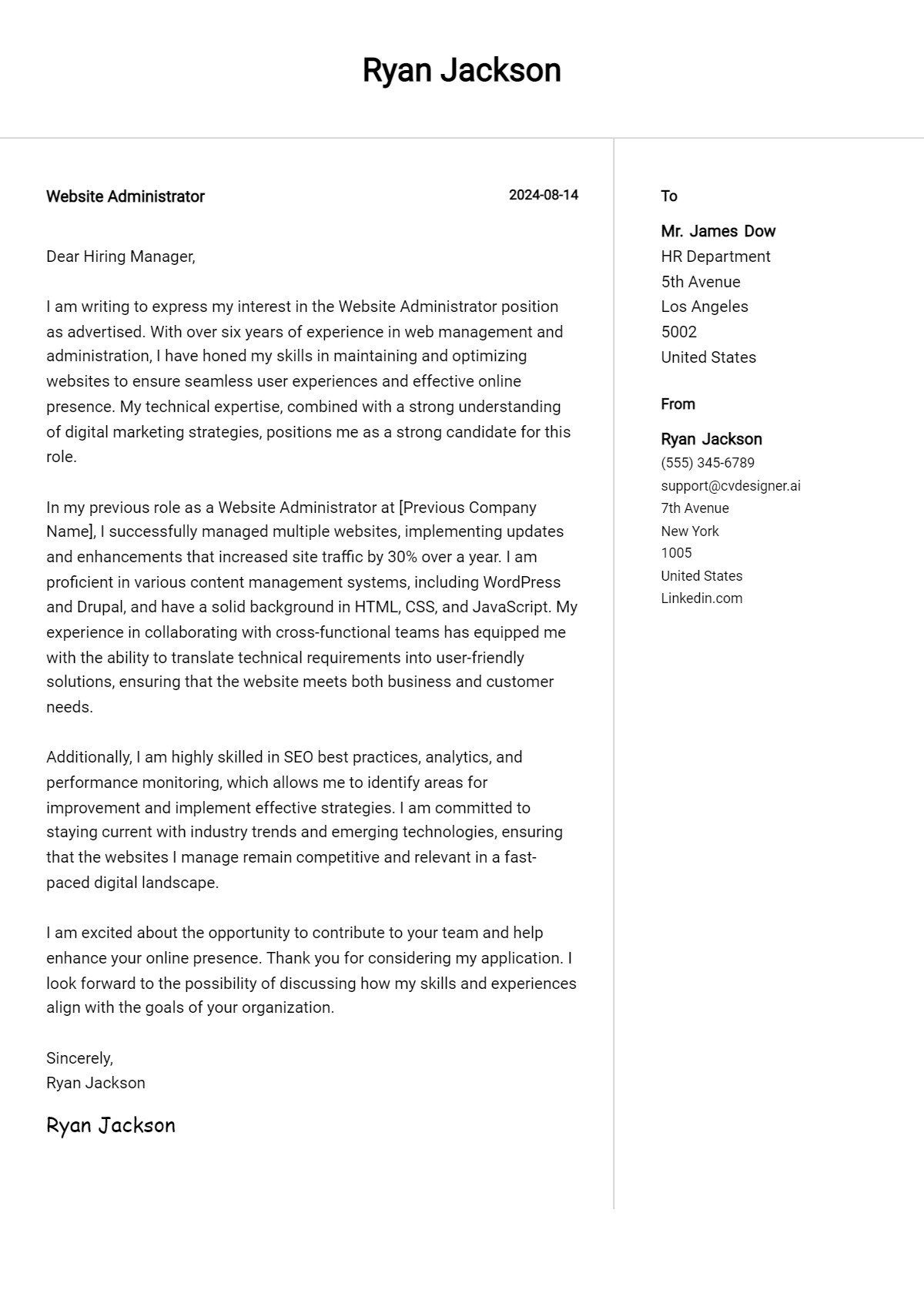Website Administrator Cover Letter Examples & Samples for 2026 Preview