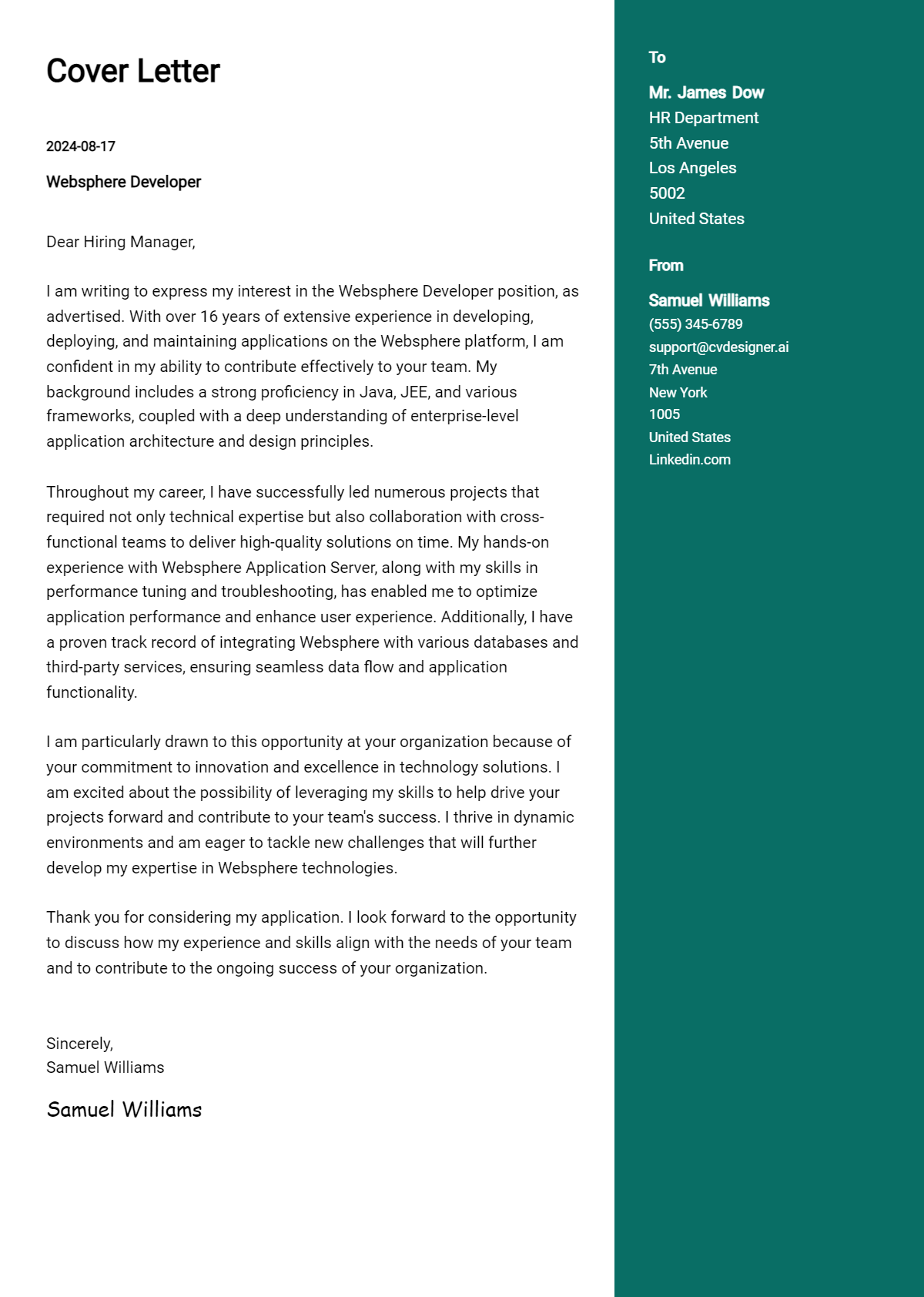 Websphere Developer Cover Letter Example for 2026 (Complete Writing Guide) Preview