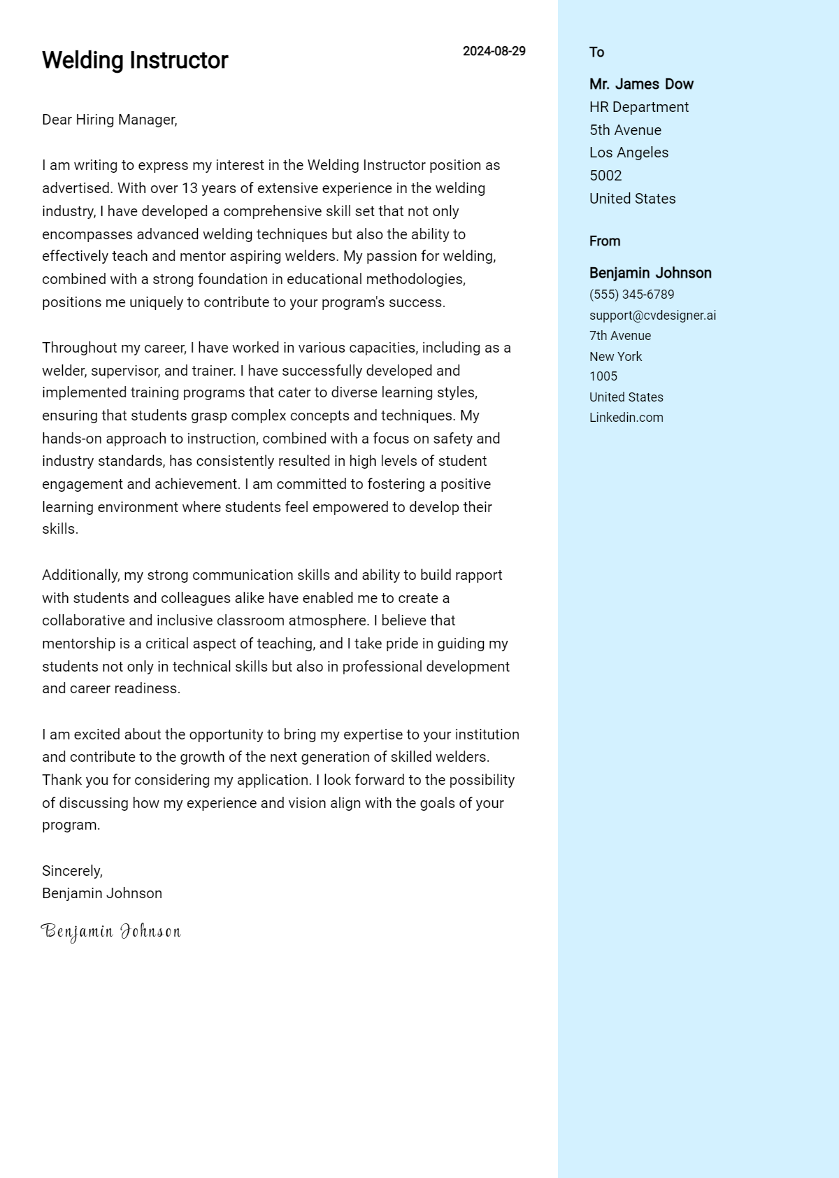 Welding Instructor Cover Letter Examples & Samples for 2026 Preview