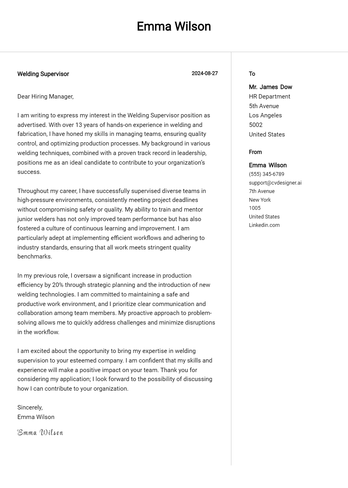 Welding Supervisor Cover Letter Examples and Templates for 2026 Preview