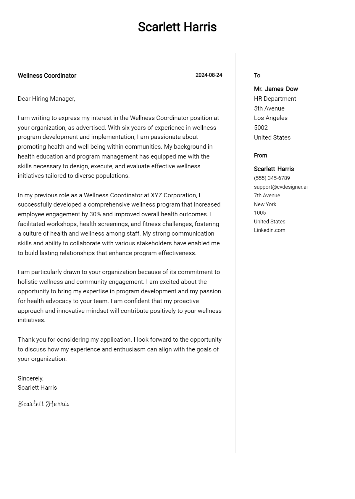 Wellness Coordinator Cover Letter Examples & Samples for 2026 Preview