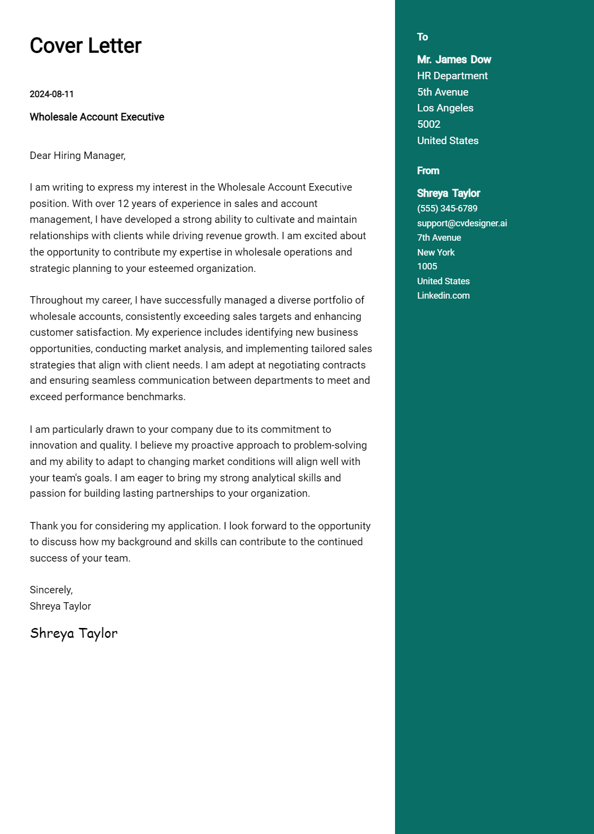 Wholesale Account Executive Cover Letter Examples & Samples for 2026 Preview
