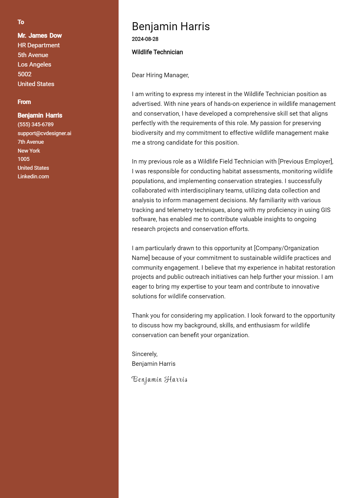 Wildlife Technician Cover Letter Example for 2026: Tips & Templates Preview