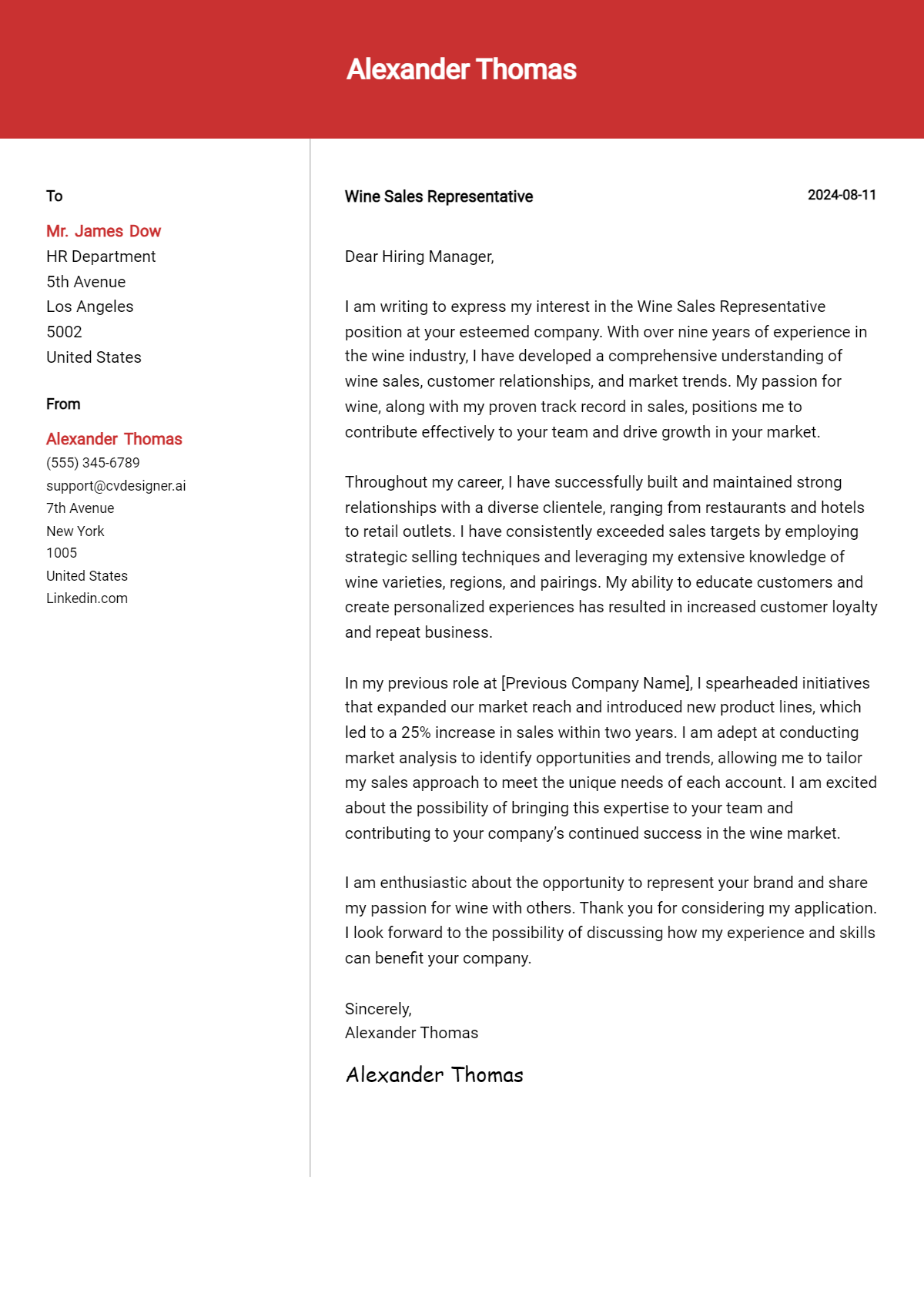 Wine Sales Representative Cover Letter Examples & Samples for 2026 Preview