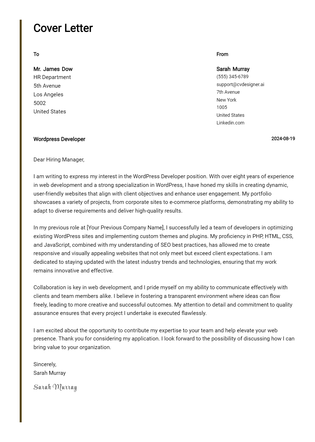 WordPress Developer Cover Letter Example for 2026: Expert Tips & Templates Preview