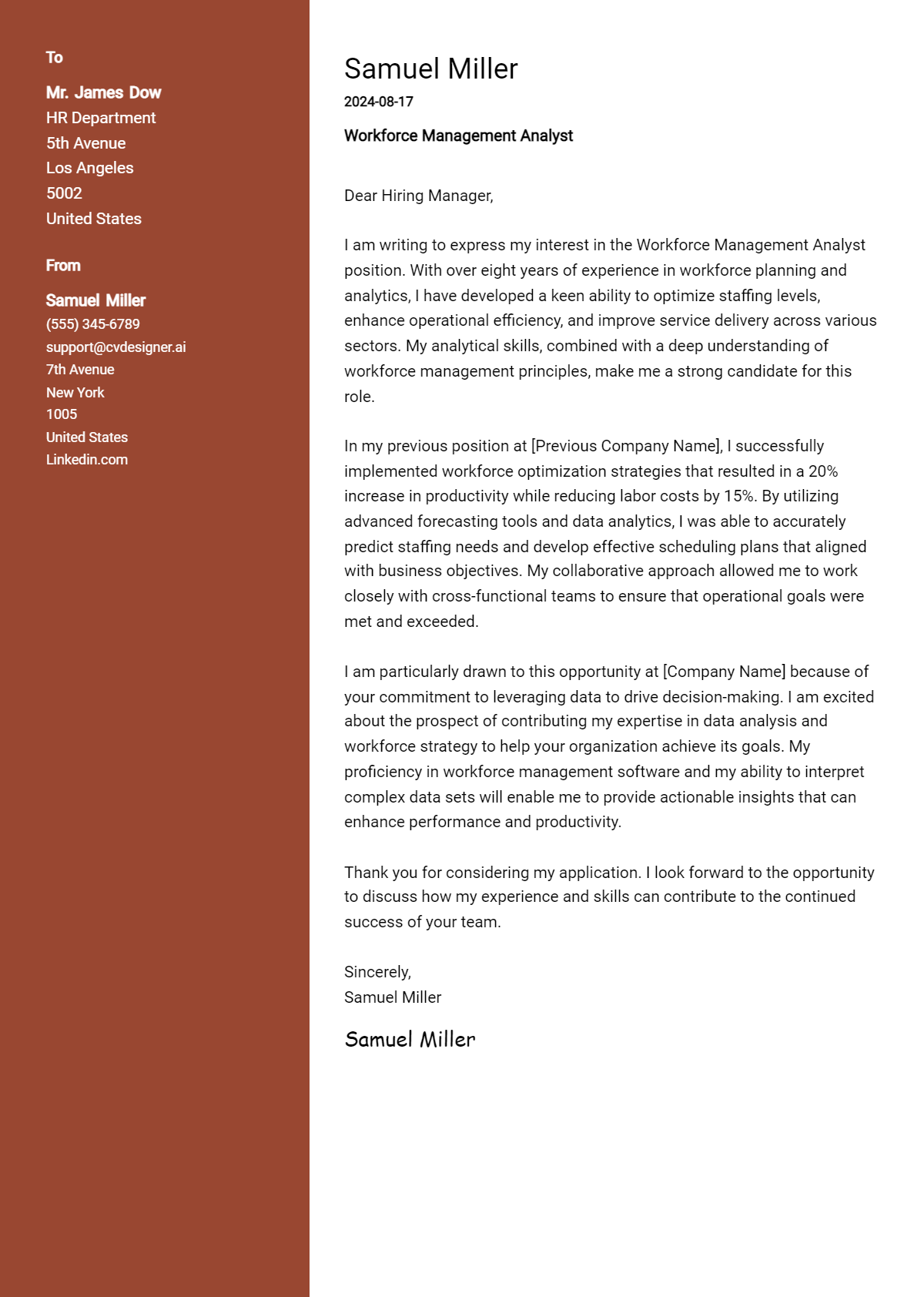 Workforce Management Analyst Cover Letter Example for 2026 (Complete Writing Guide) Preview