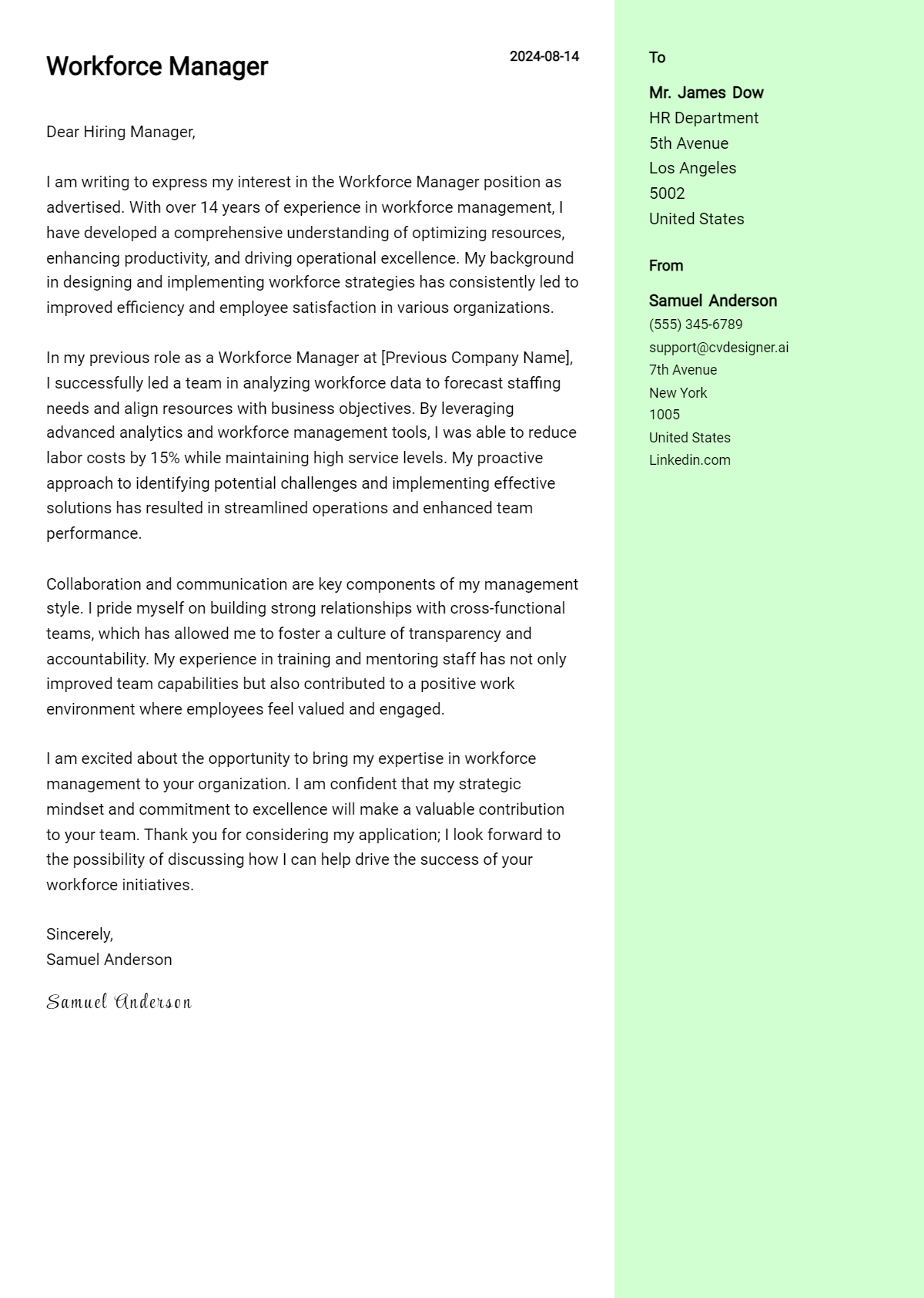 Workforce Manager Cover Letter Examples for 2026 (Downloadable) Preview