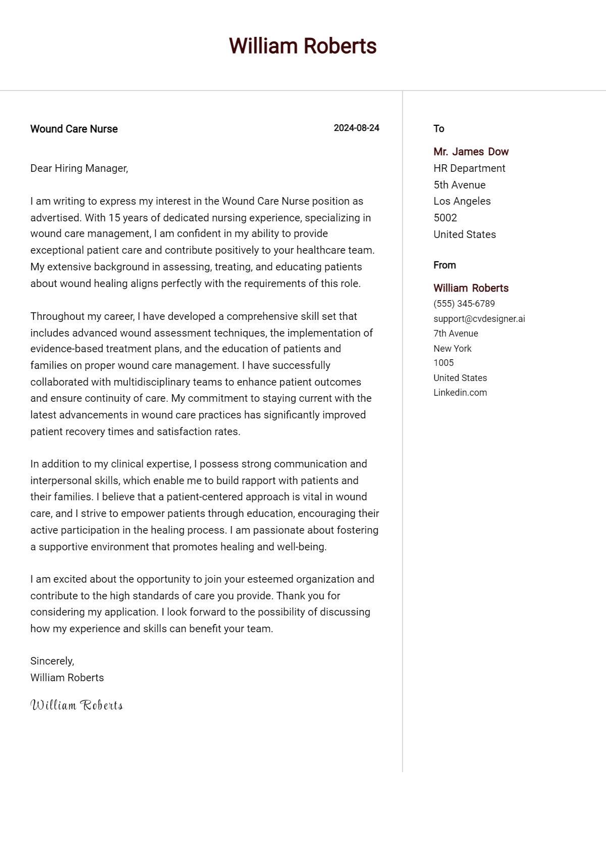 Wound Care Nurse Cover Letter Example for 2026 (Download Templates) Preview