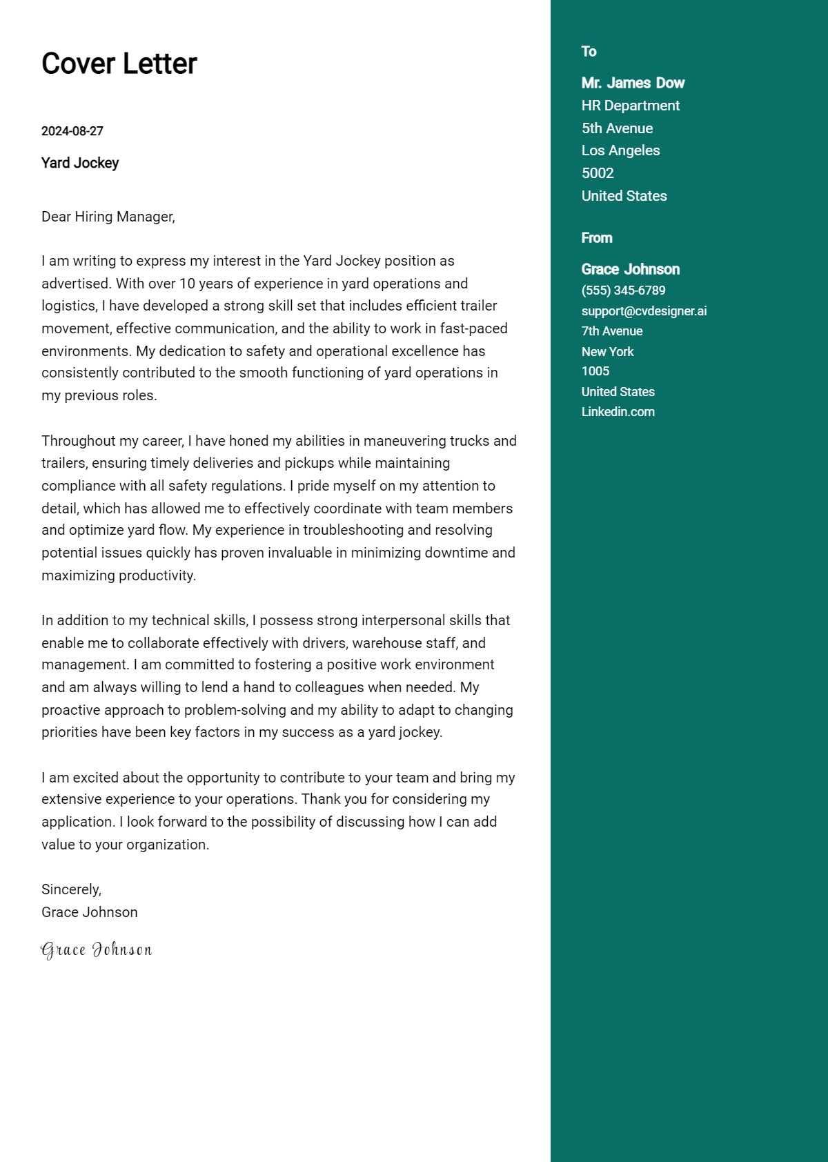Yard Jockey Cover Letter Examples for 2026 (Downloadable) Preview