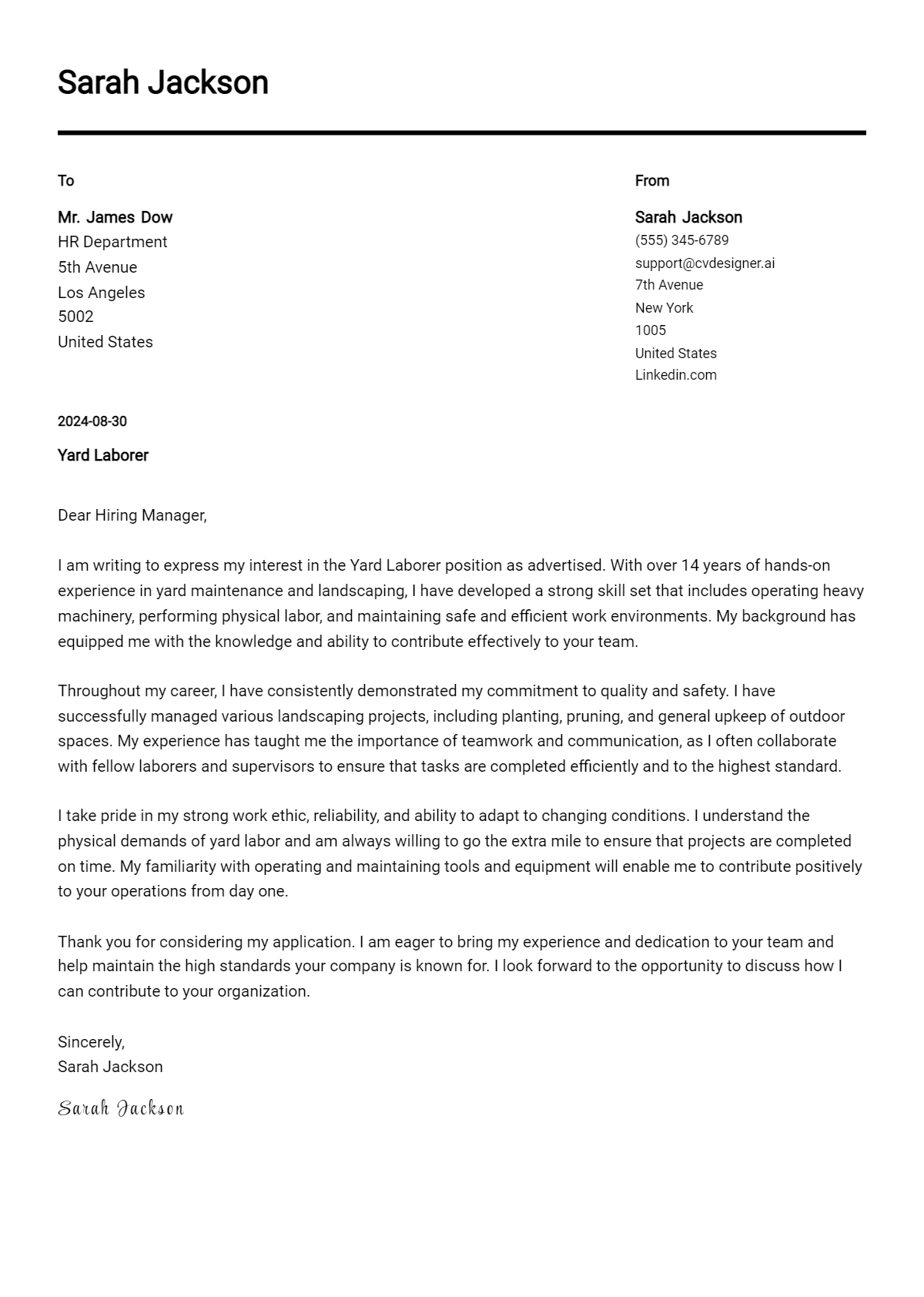 Yard Laborer Cover Letter Examples and Templates for 2026 Preview