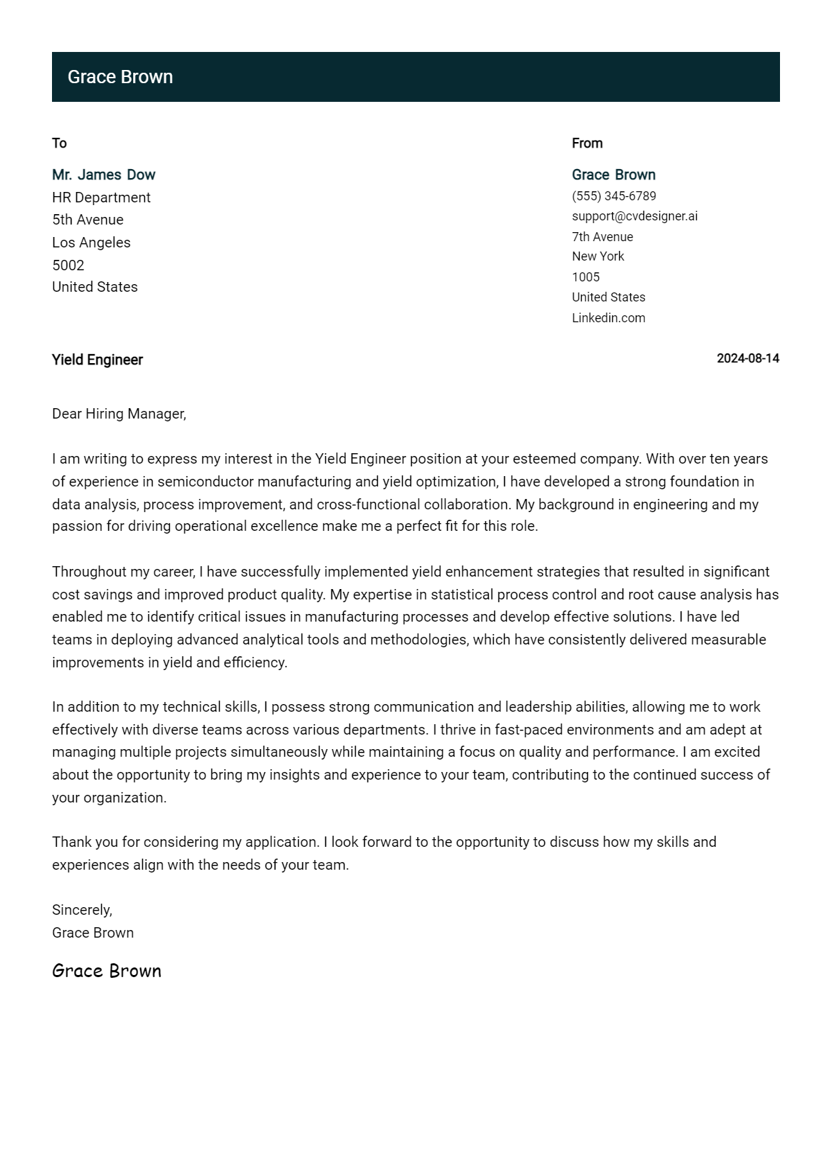 Yield Engineer Cover Letter Examples for 2026 (Downloadable) Preview