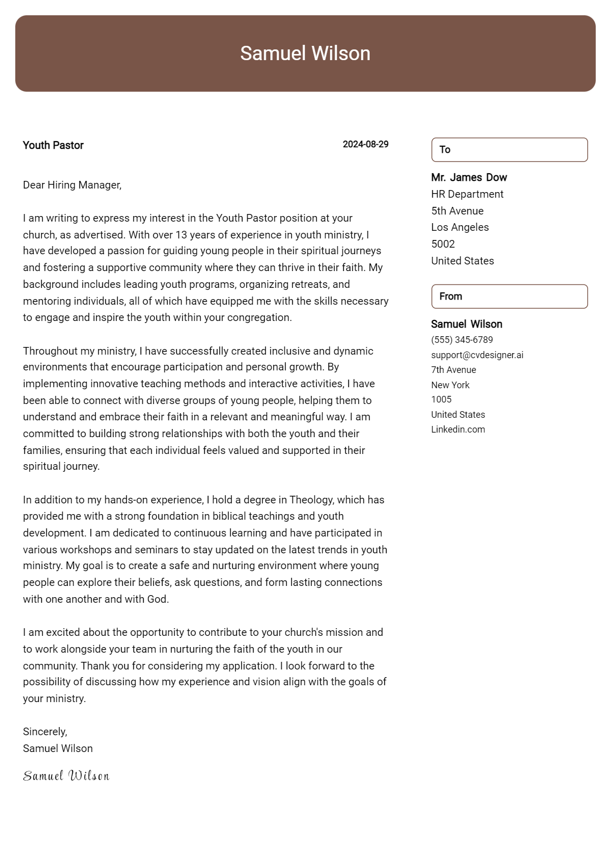 Youth Pastor Cover Letter Example for 2026 (Download Templates) Preview