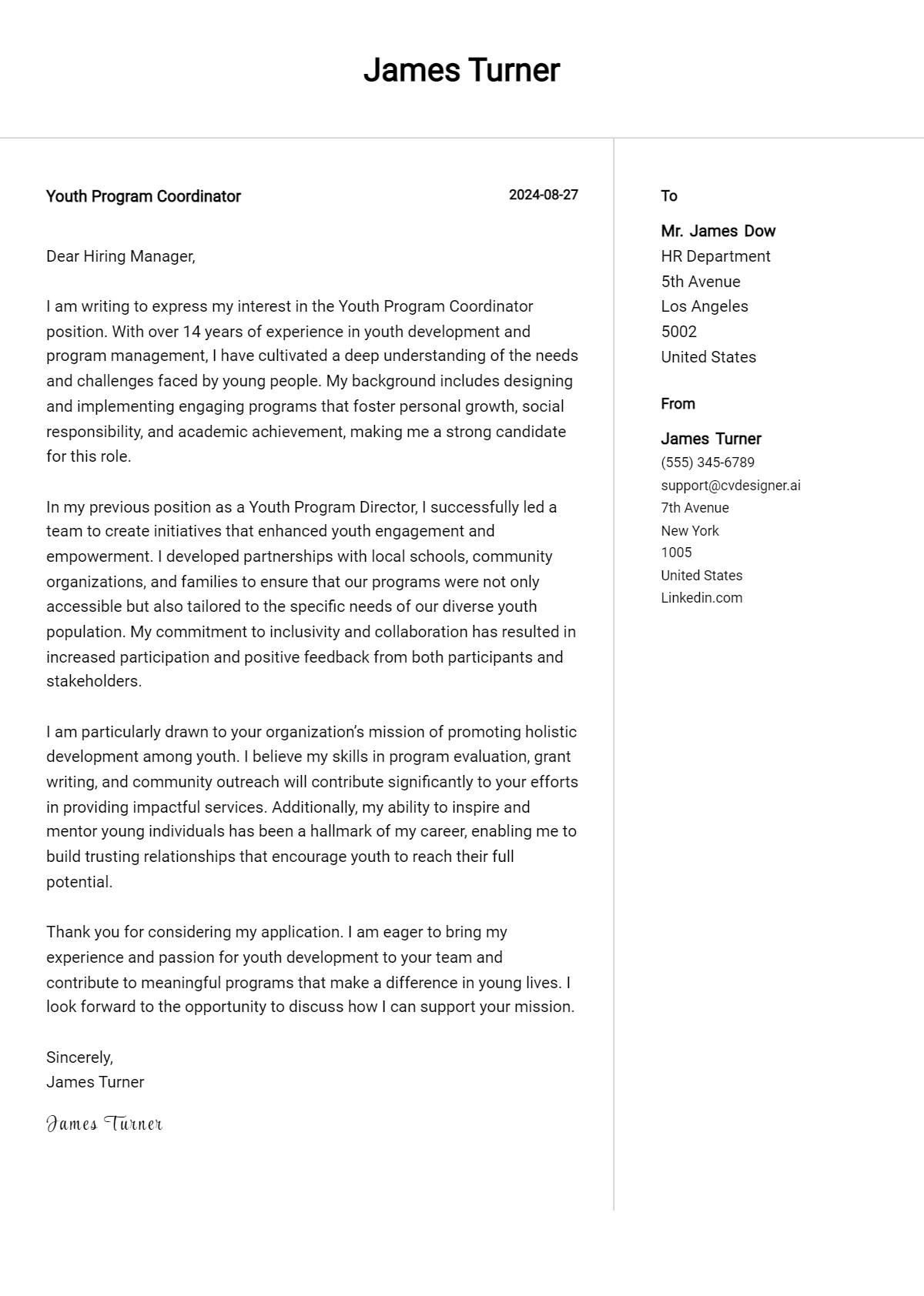 Youth Program Coordinator Cover Letter Example for 2026 (Writing Guide) Preview