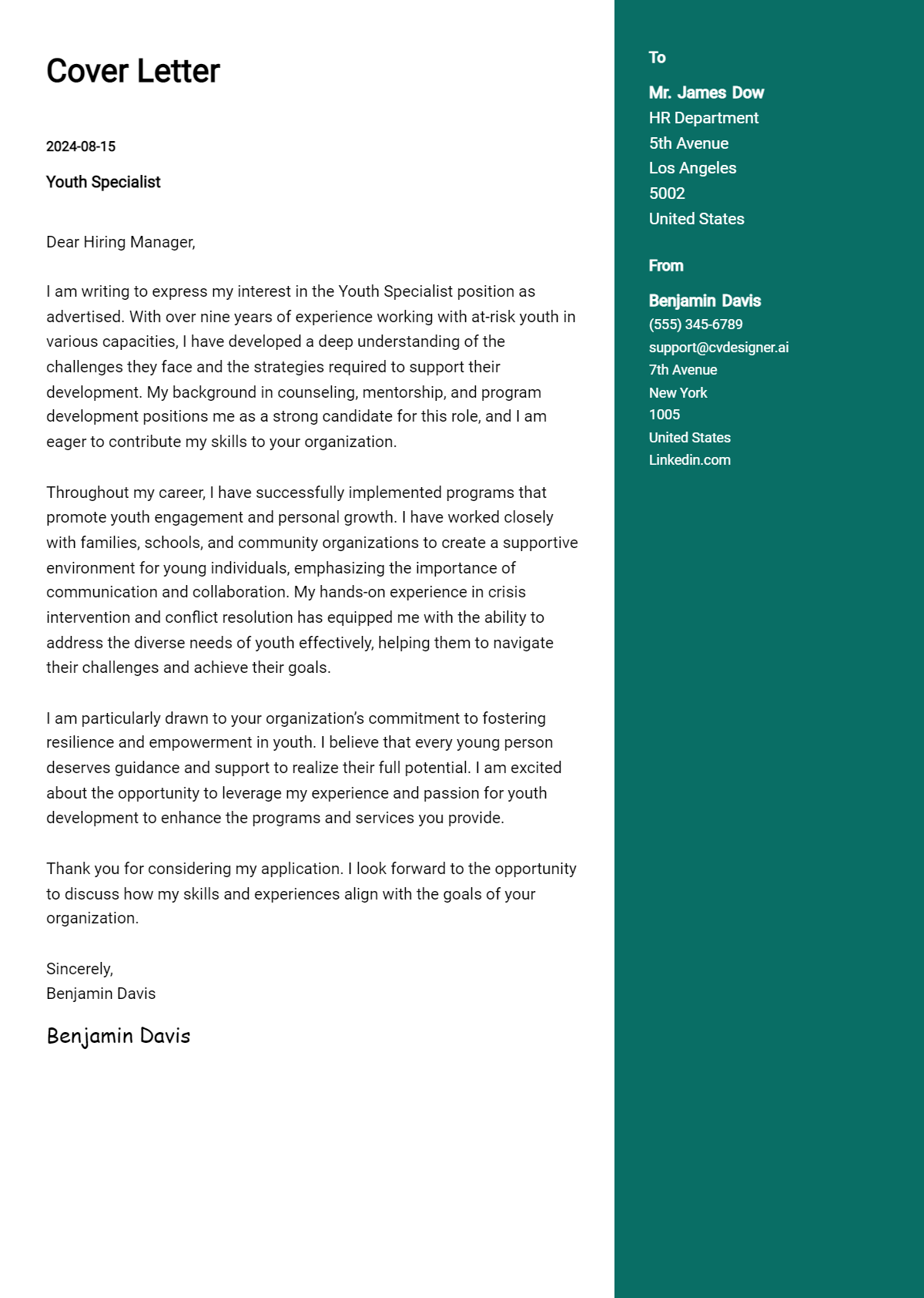 Youth Specialist Cover Letter Examples with Writing Tips for 2026 Preview