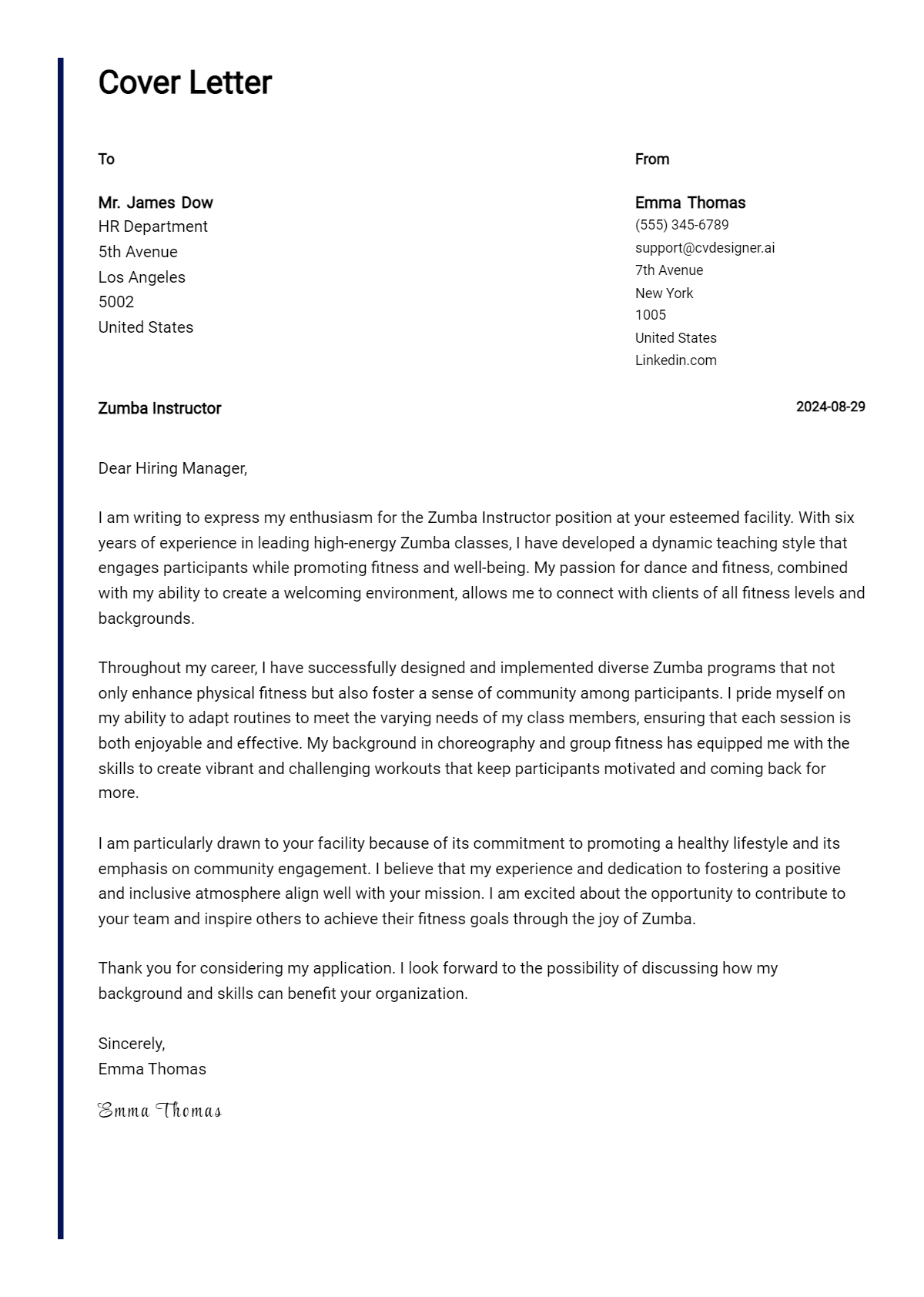 Zumba Instructor Cover Letter Examples and Templates for 2026 Preview