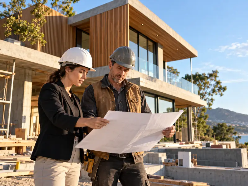 Architects and builders on construction site