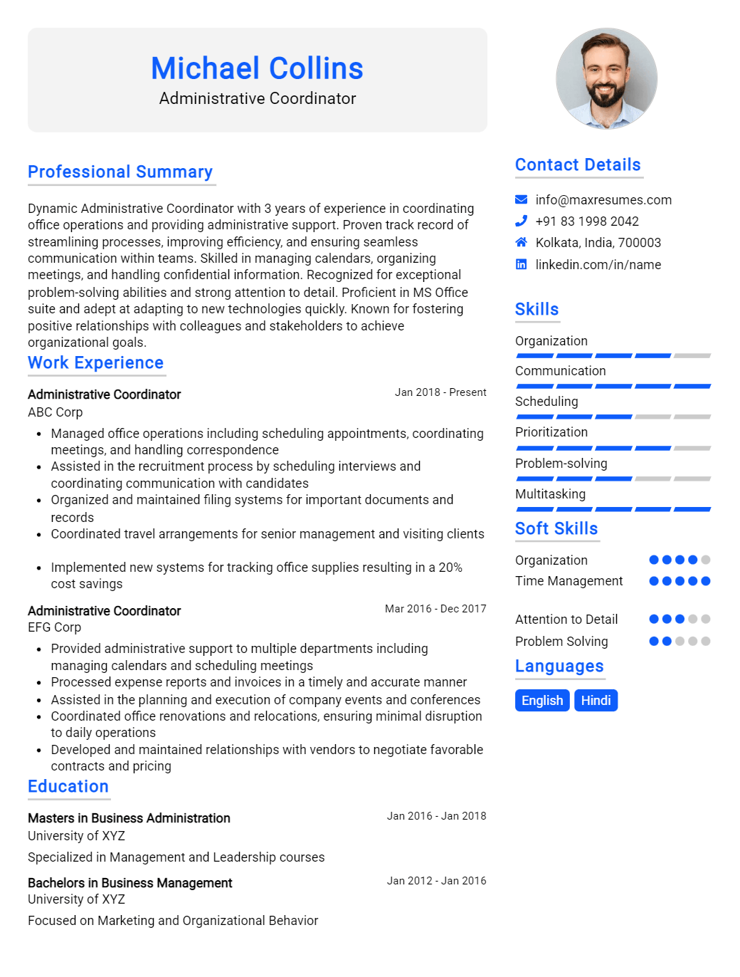 User Example 7 Best Administrative Coordinator Resume Examples for 2026