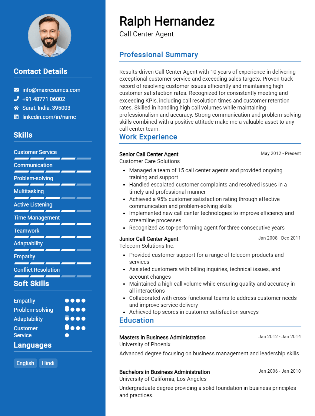 call-center-agent-resume-sample