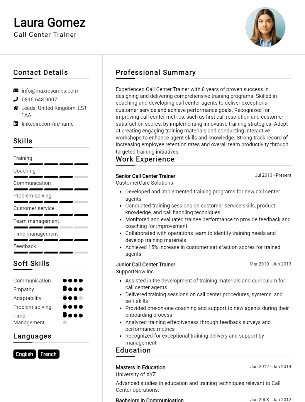 call-center-trainer-resume-sample