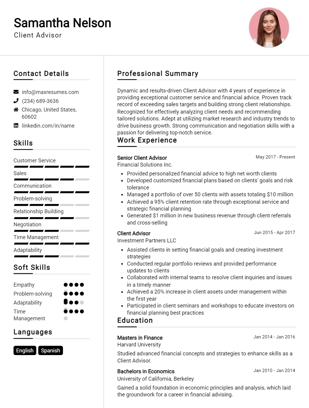 client-advisor-resume-sample