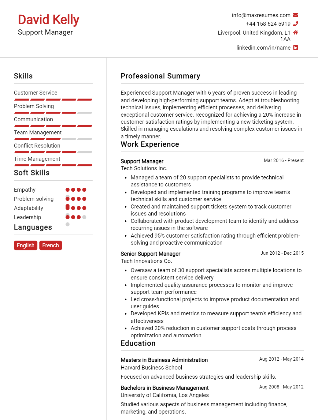 support-manager-resume-sample